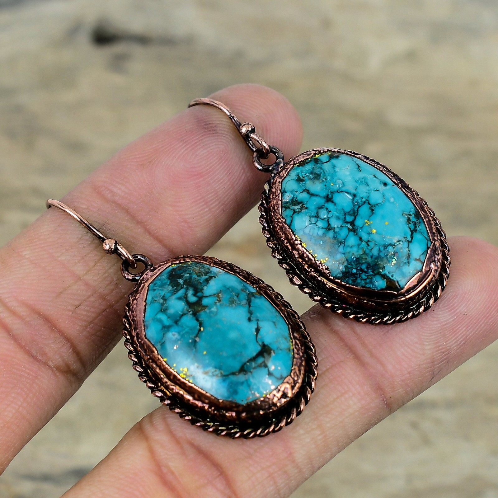 Tibetan Turquoise Electroformed Earrings Handcrafted Copper Designer 1.97″