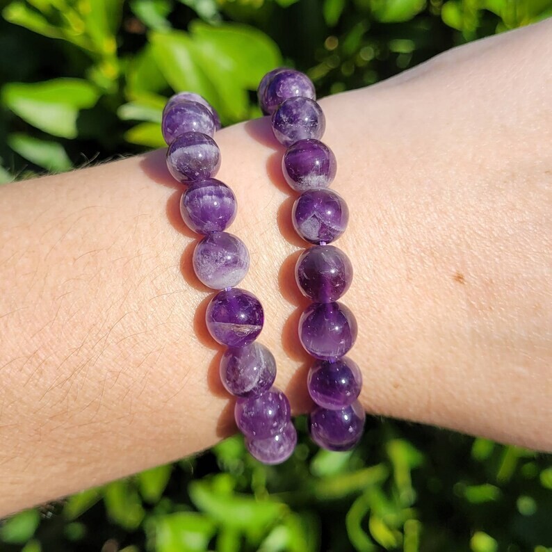 Amethyst Stone Beaded Healing Bracelet Purple Crystal Gemstone Stretch Bracelet