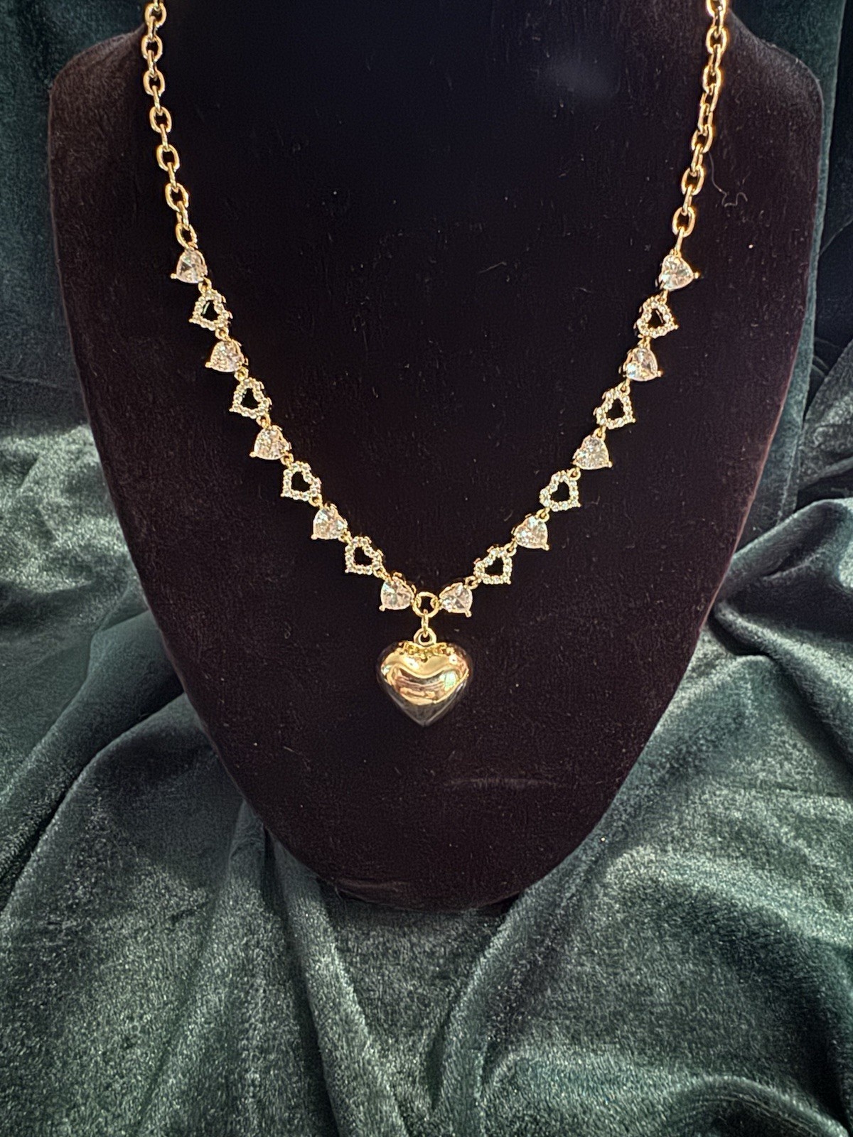 Gold Filled Cable Chain Necklace w Crystal Heart Links & Heart Charm Pendant