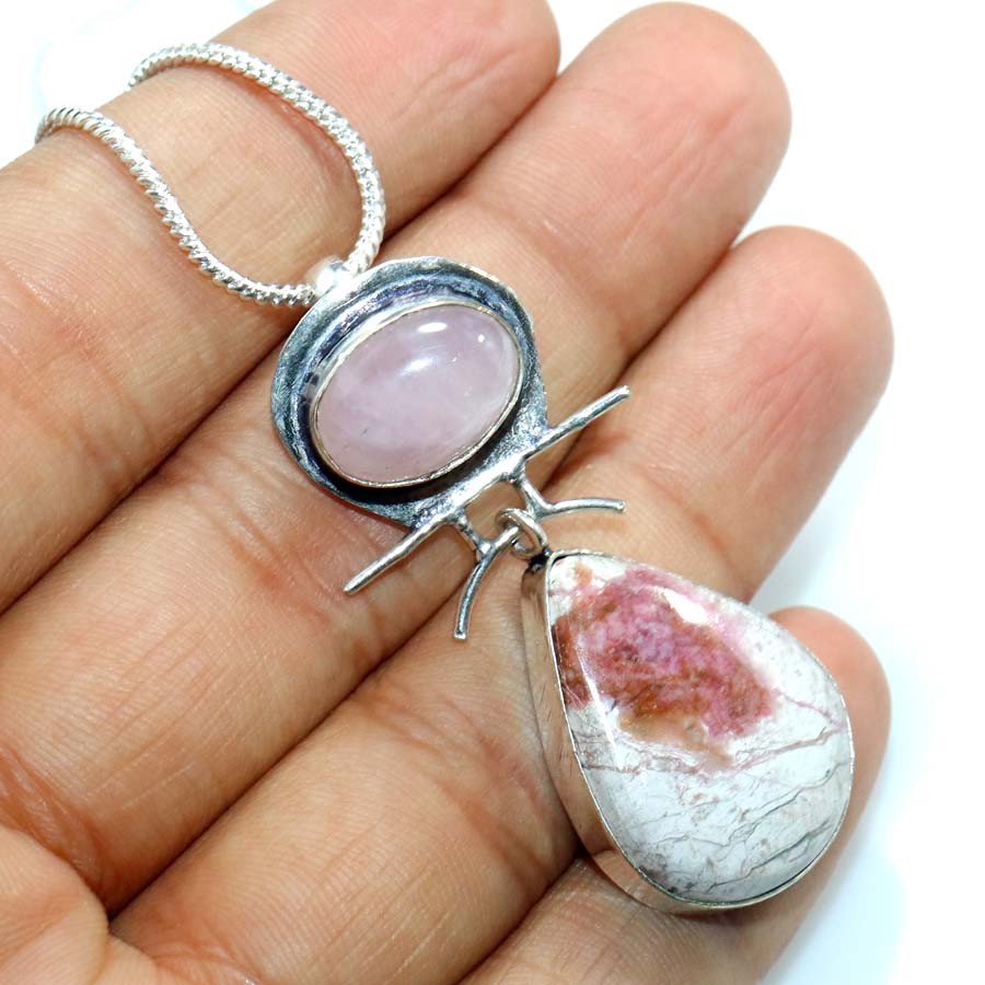 925 Silver Plated Long Cobalt Calcite Rose Quartz Necklace 18″ Fashion Sale GW