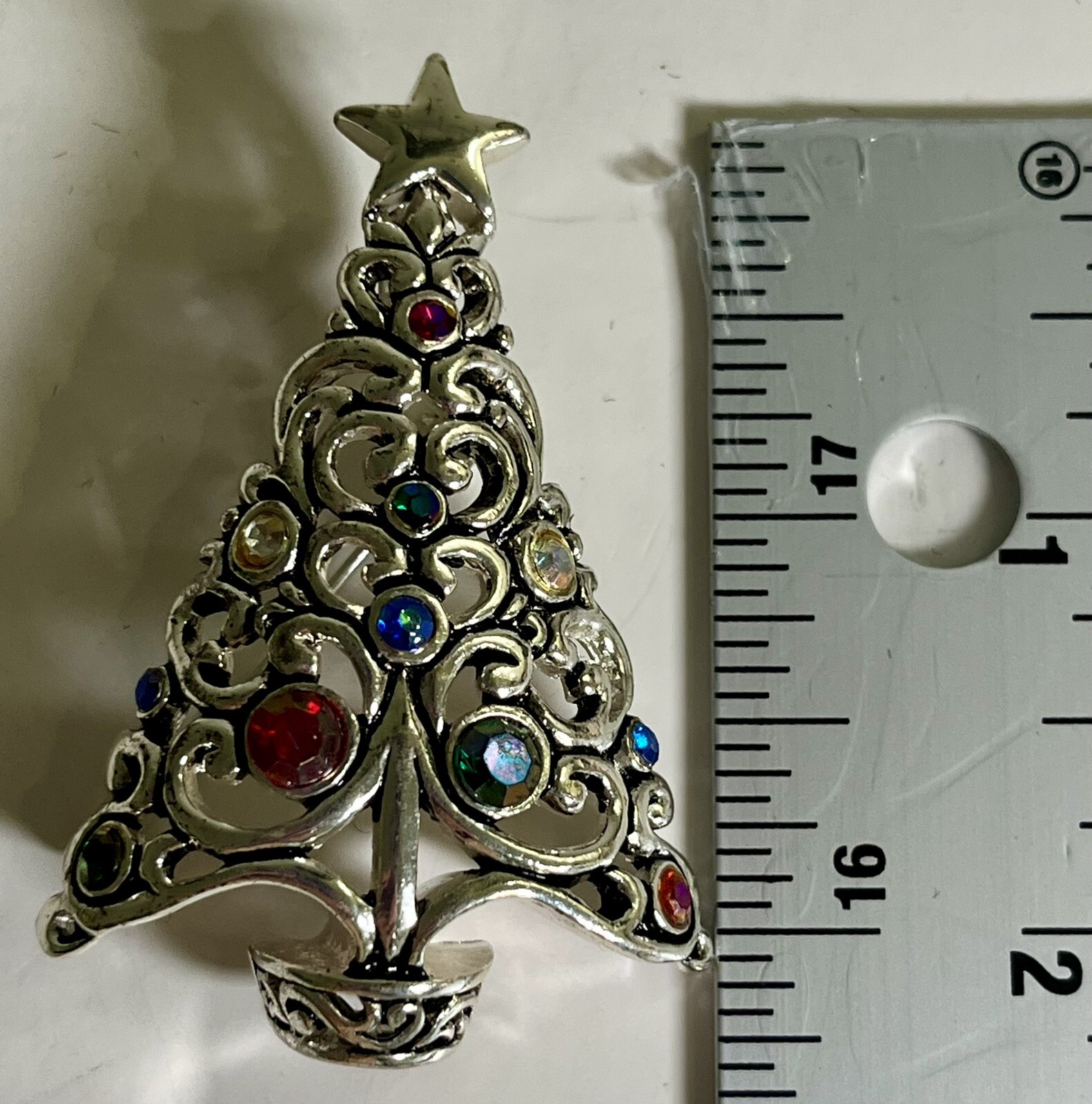 Christmas Tree Silver Tone Multicolored Rhinestone Brooch Pendant
