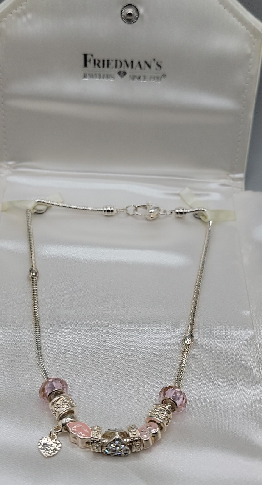 Friedmans Jewelers Breast Cancer Slide Necklace Silver Tone Charm Bead 18″ Chain