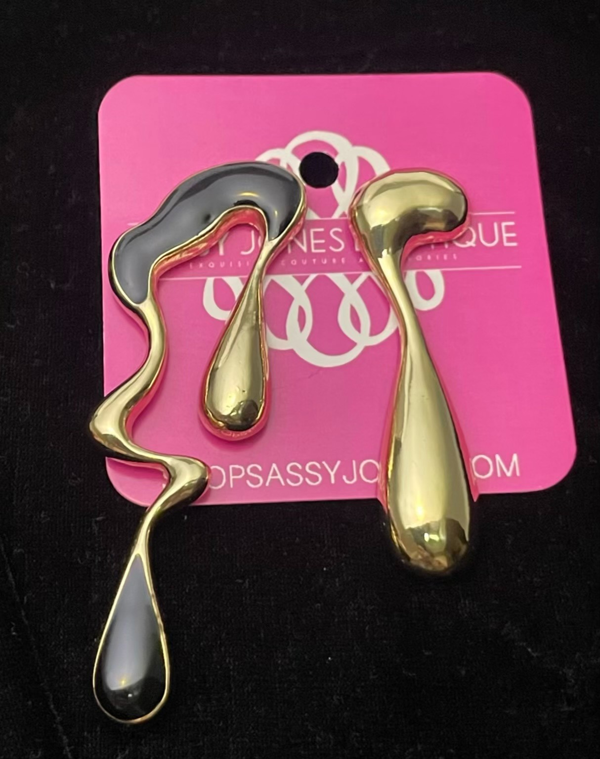 Sassy Jones Boutique Earrings Asymmetrical Teardrop Gold Tone Black Enamel Bold