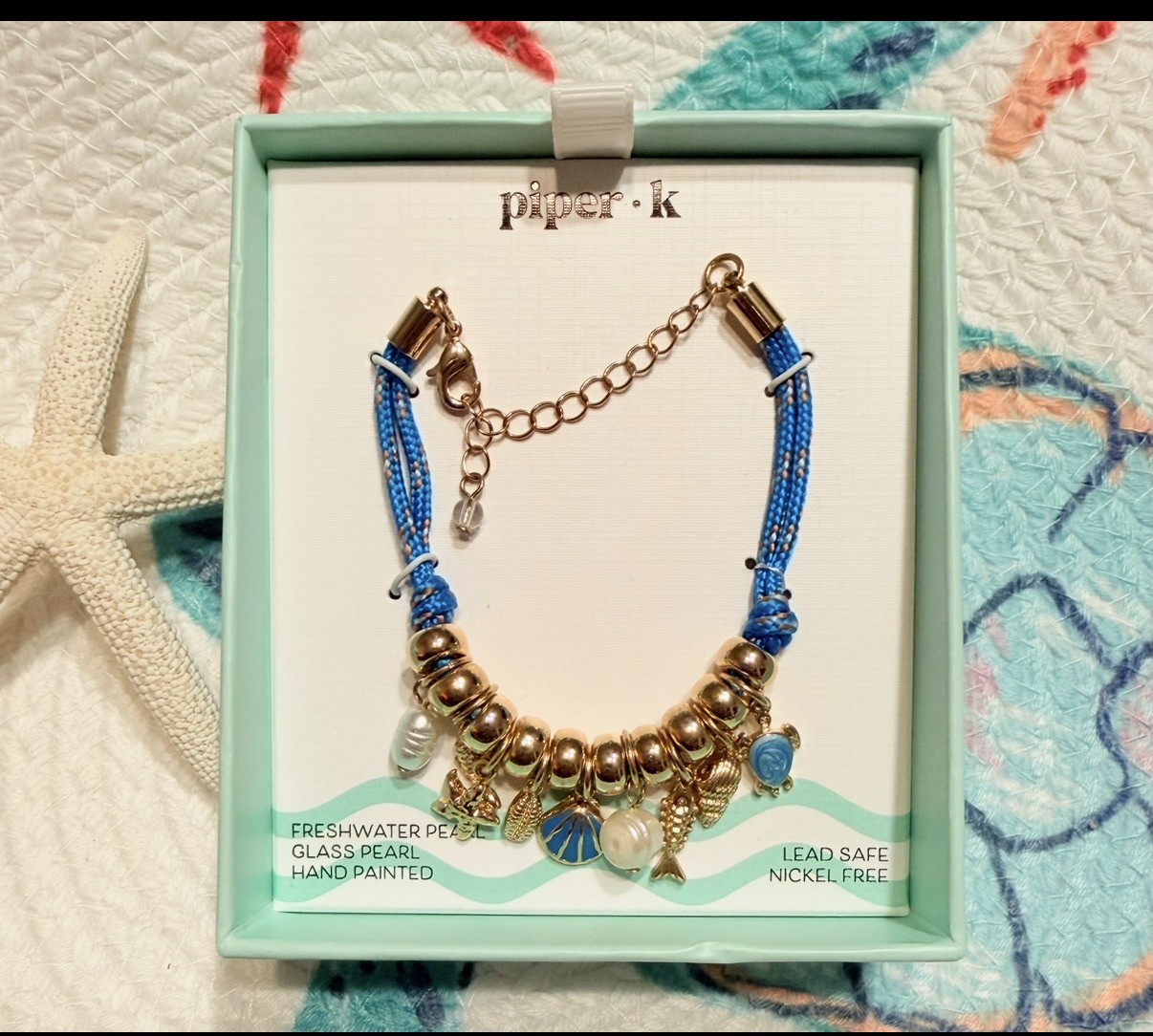 PIPER•K Beach Bracelet Seashell, Fish Starfish, Turtle, & Pearl Blue Cord