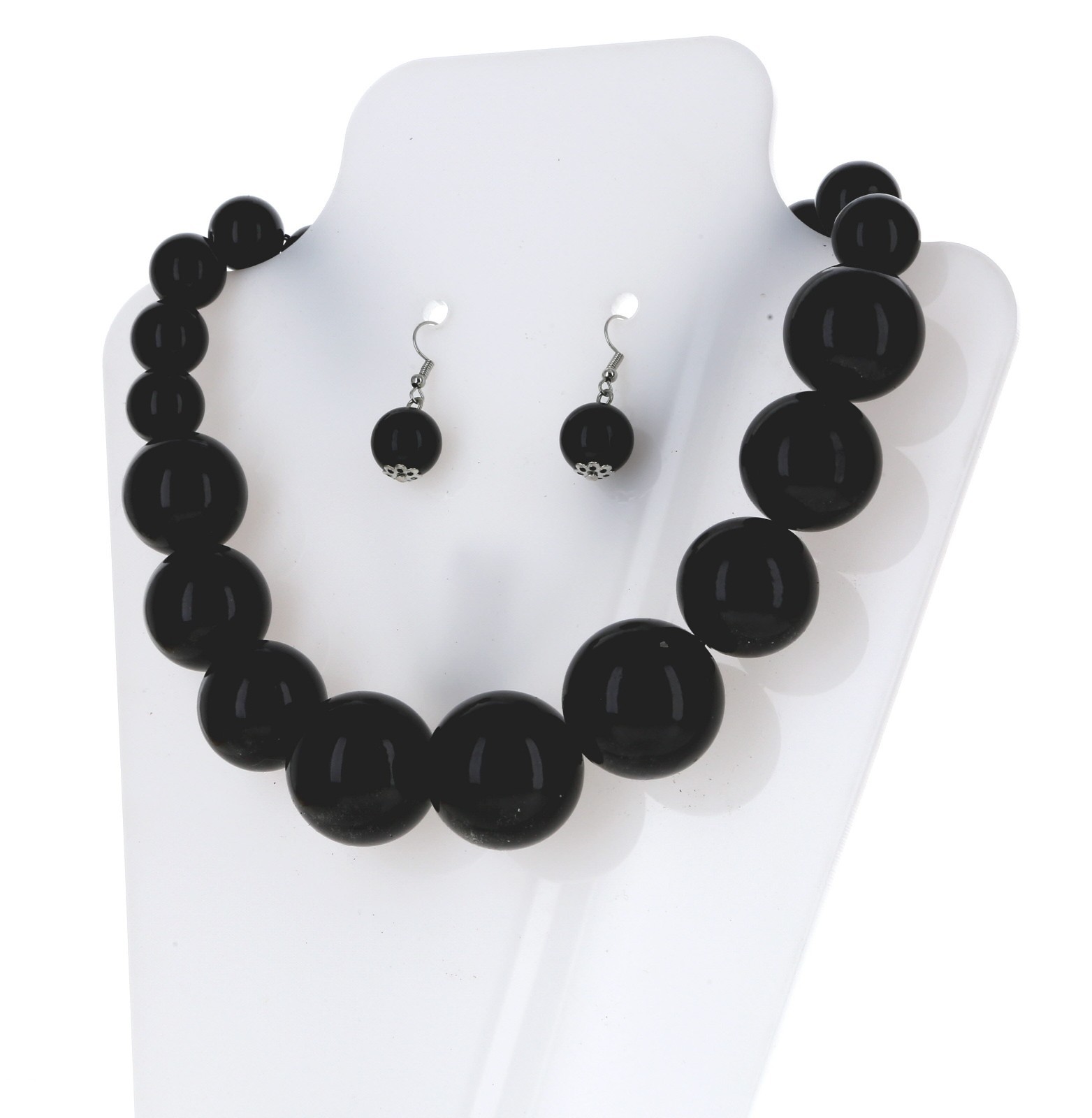 Black Chunky Bead Statement Necklace Faux Pearl Acrylic 19-22 Inch Earring Set