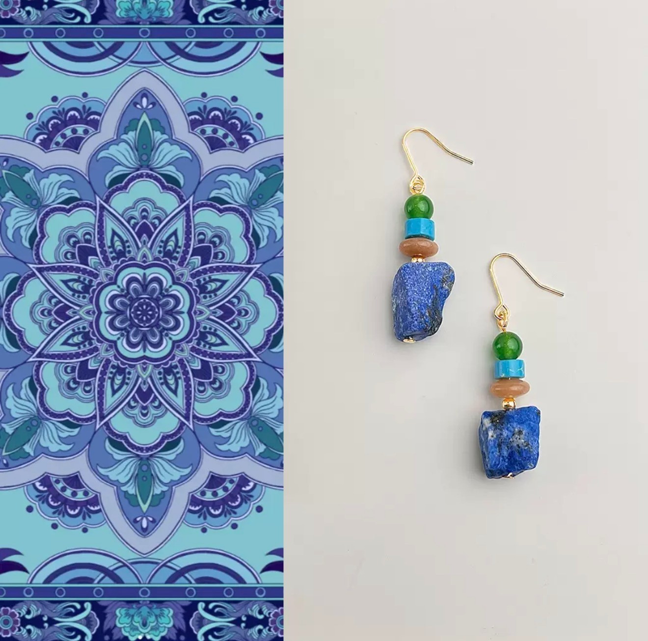 Handmade Natural Lapis Lazuli Dangle Earrings Agate Aventurine Copper Alloy