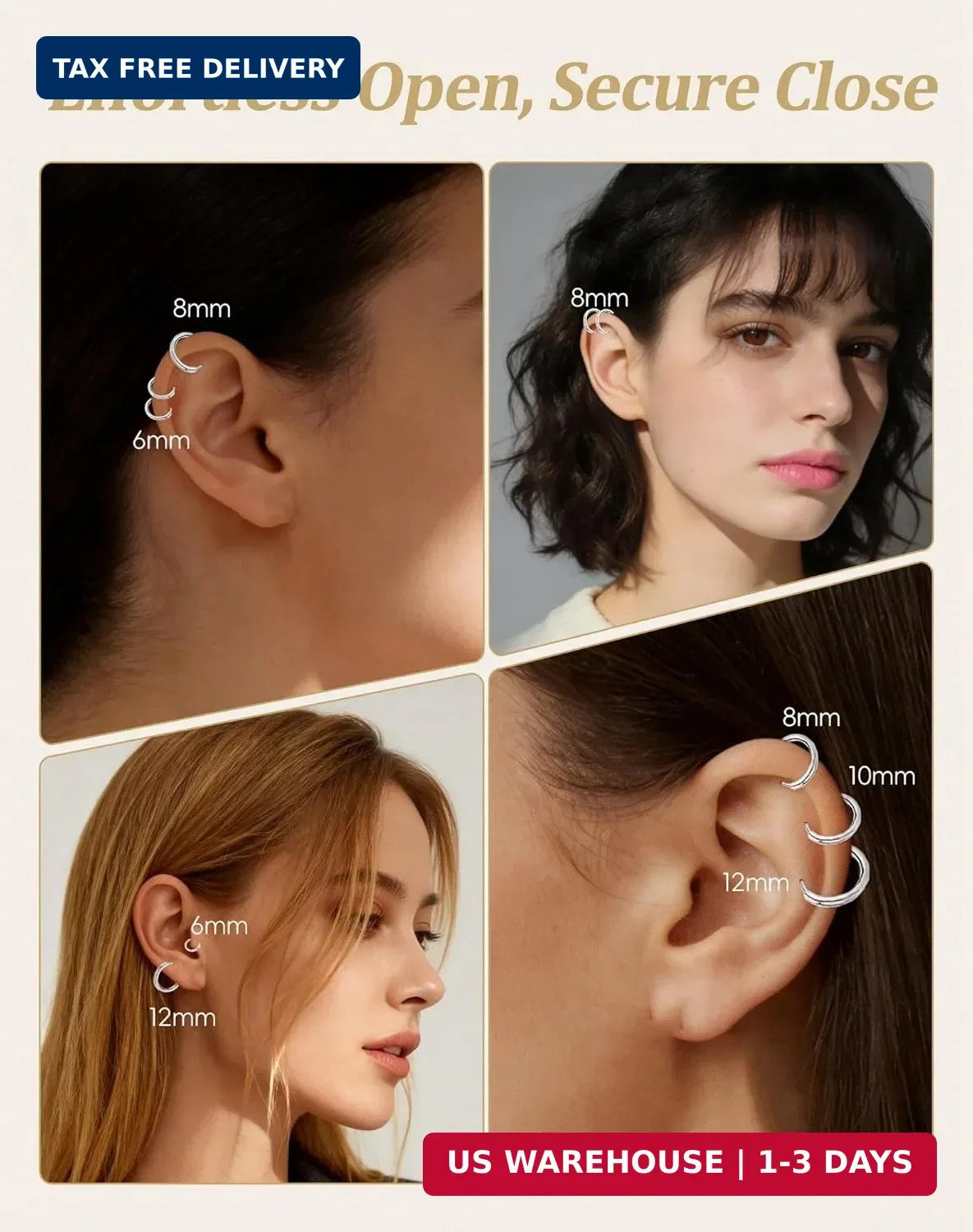 Small Huggie Hoop Earrings for 6mm, 8mm, 10mm, 12mm, Silver -6/8/10/12mm