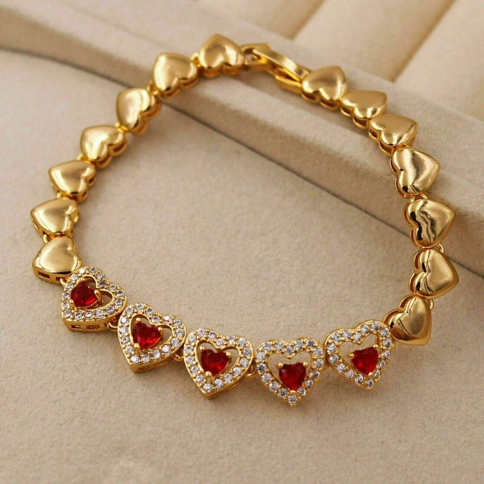 6 Ct Heart Cut Simulated Ruby Pretty Tennis Bracelet 925 Yellow Sterling Silver