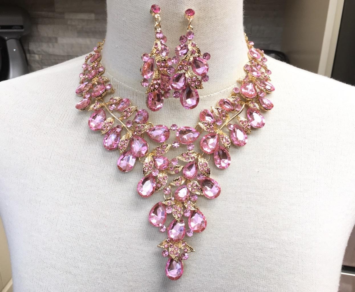 Waterfall Necklace Set Pink crystal Rhinestone Bib cluster Statement Earrings vt