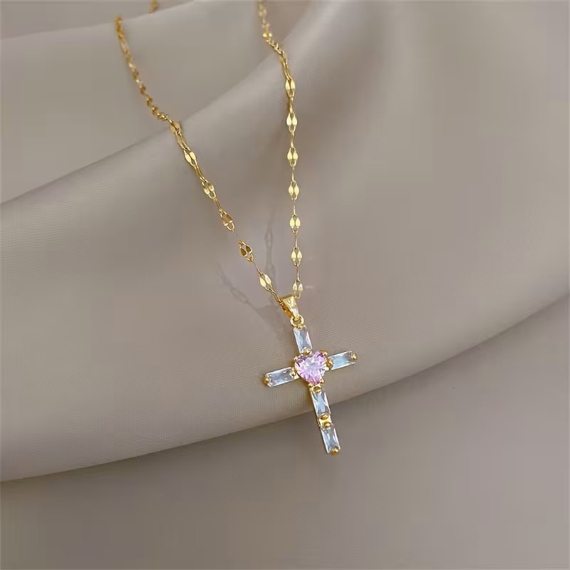 Gold Tone Cross Necklace Pink Heart Crystal Pendant Faith Christian Jewelry Gift