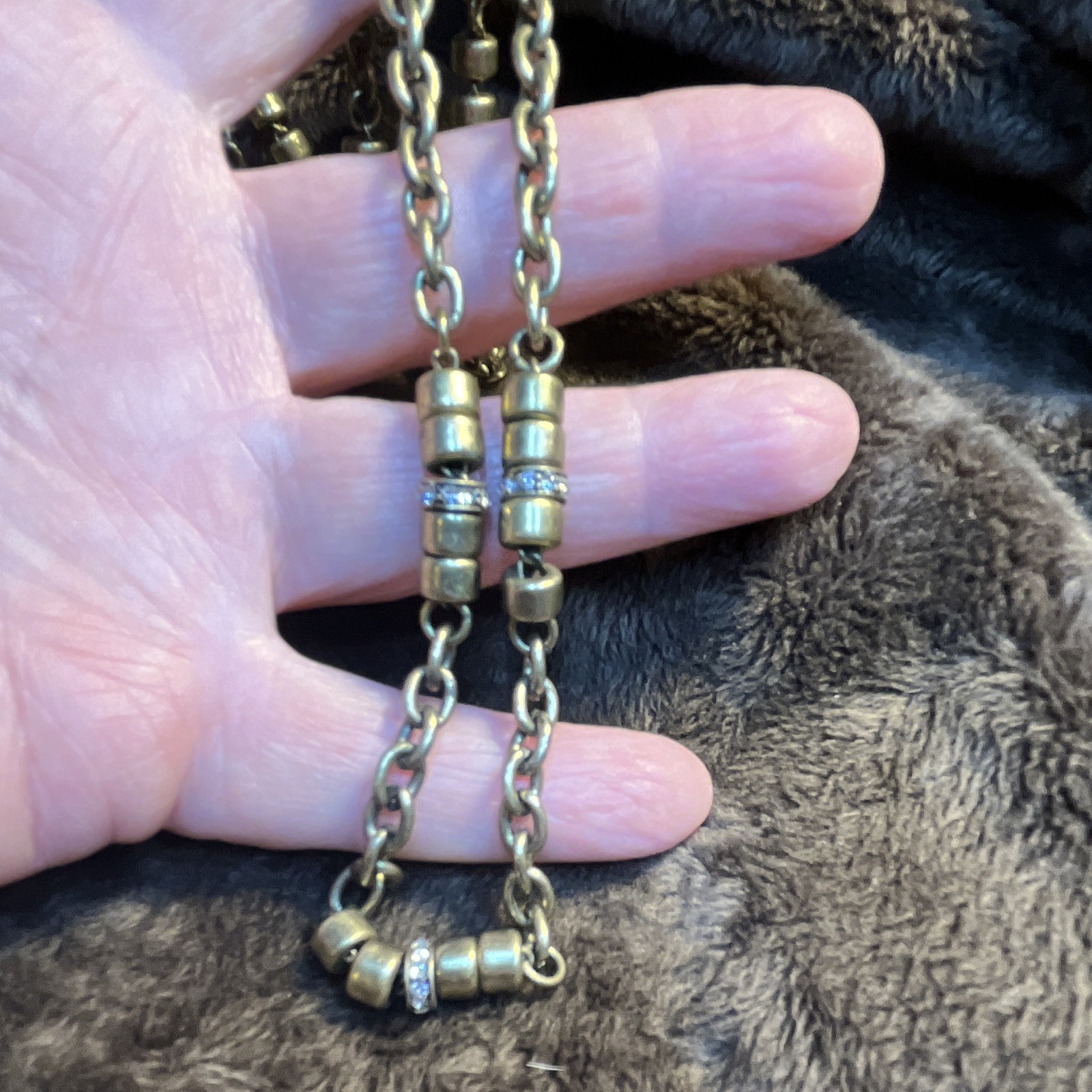 Gold Tone Cable Chain Beaded Necklace Clear Crystal Rondelle 34 in