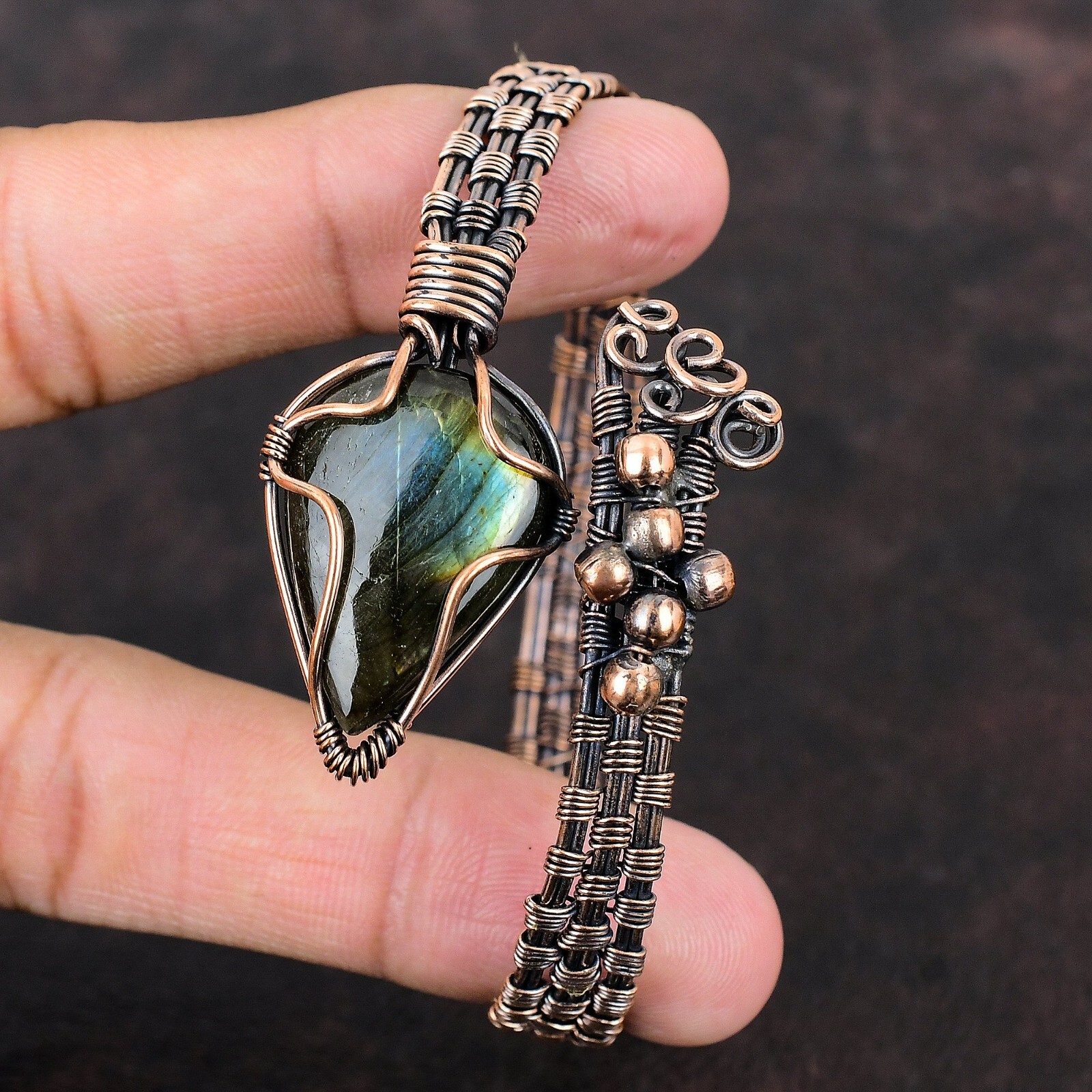 Labradorite Wire Wrapped Adjustable Cuff Handcrafted Copper Ethnic Gift Jewelry