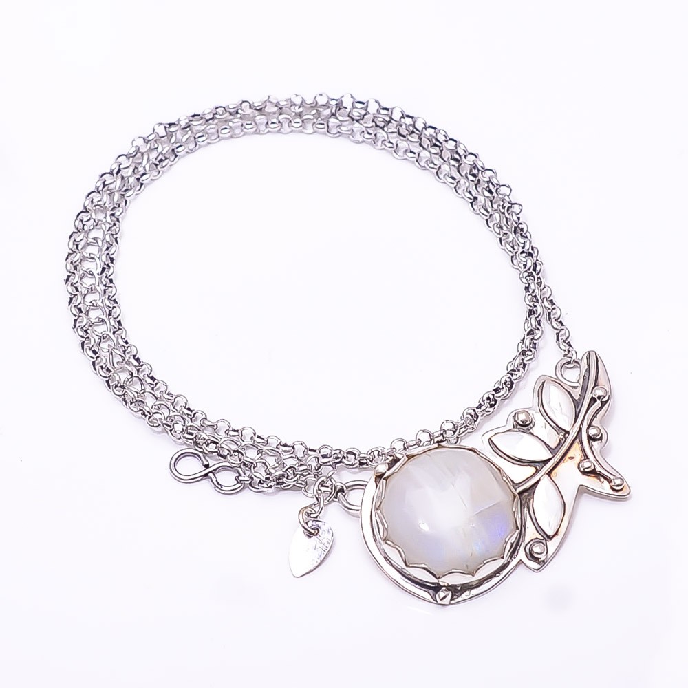 Rainbow Moonstone – India Flower 925 Sterling Silver Chain Pandent 17.99″ CP2123