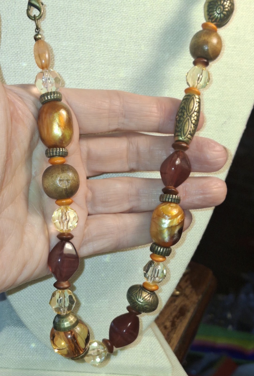 Vintage no brand pre-owned necklace..wood, metal, plastic/ acrylic beads