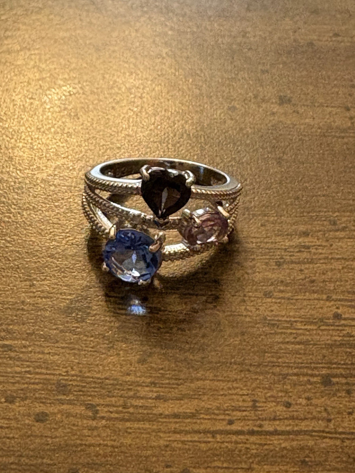 Multi-Band Sterling Silver Ring with Blue, Purple, and Heart-Shaped Natural Gem