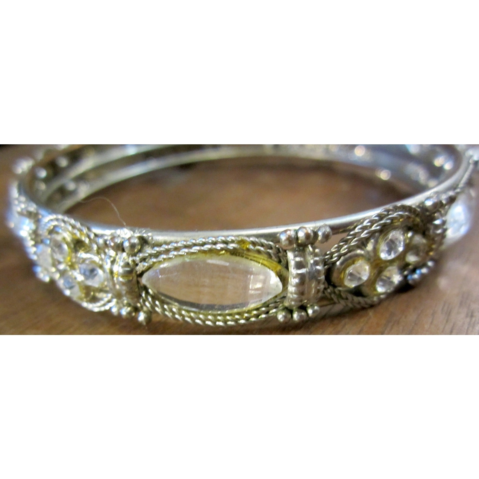 Silver Clad Clear Rhinestone Bracelet Bangle 2 5/8 in Opening 1/8 in Tall