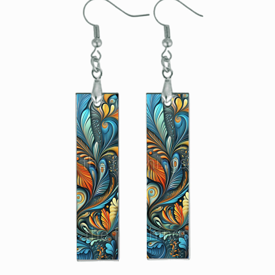 Boho Feathers & Swirls Abstract Art Print Earrings Bar Wood Dangle Bohemian Gift