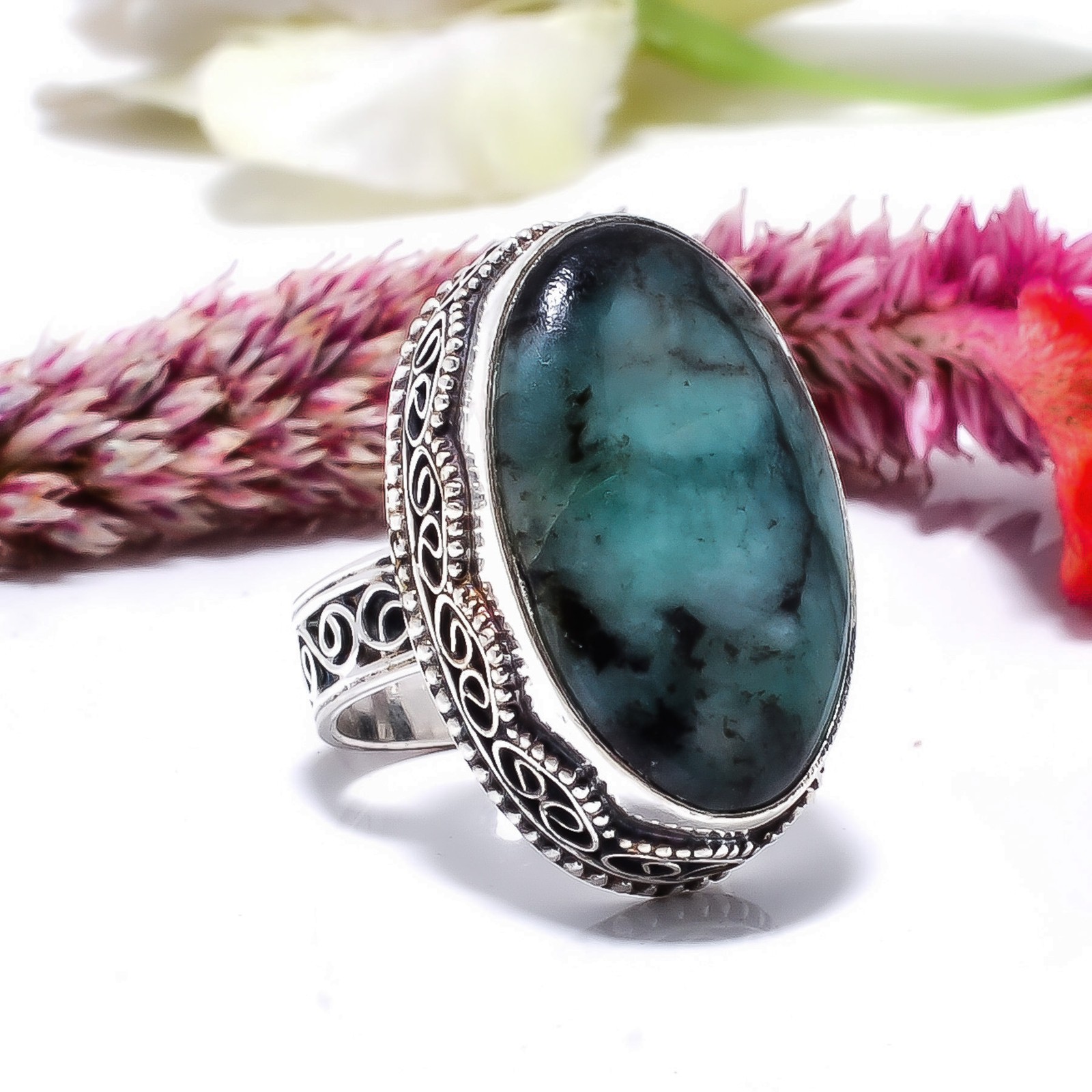 Emerald – Simulated Fine Art Oxidised 925 Sterling Silver Ring S.7 R115340