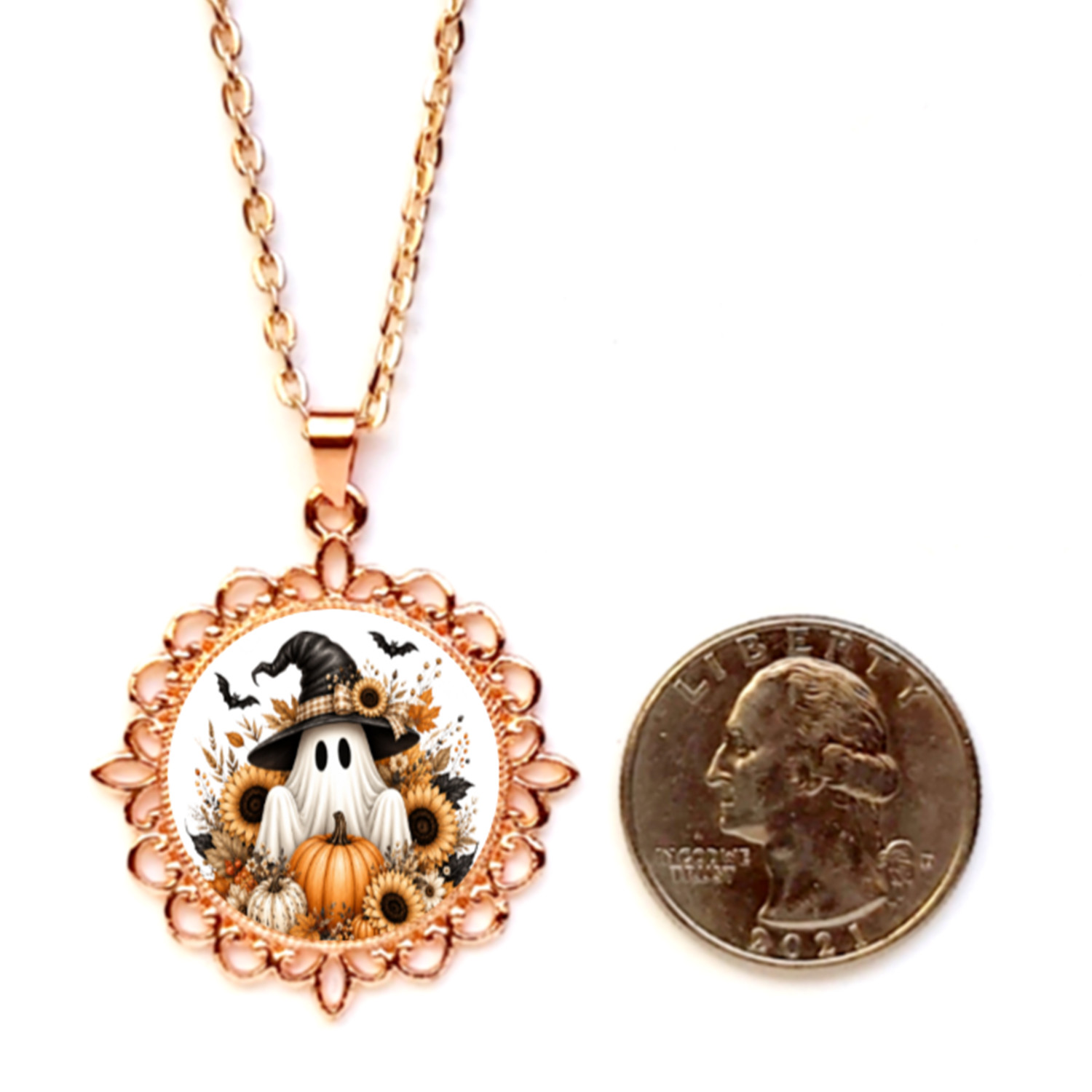 Halloween Ghost Filigree Bezel Pendant/Necklace Silver Gold Rose Gold Tone USA