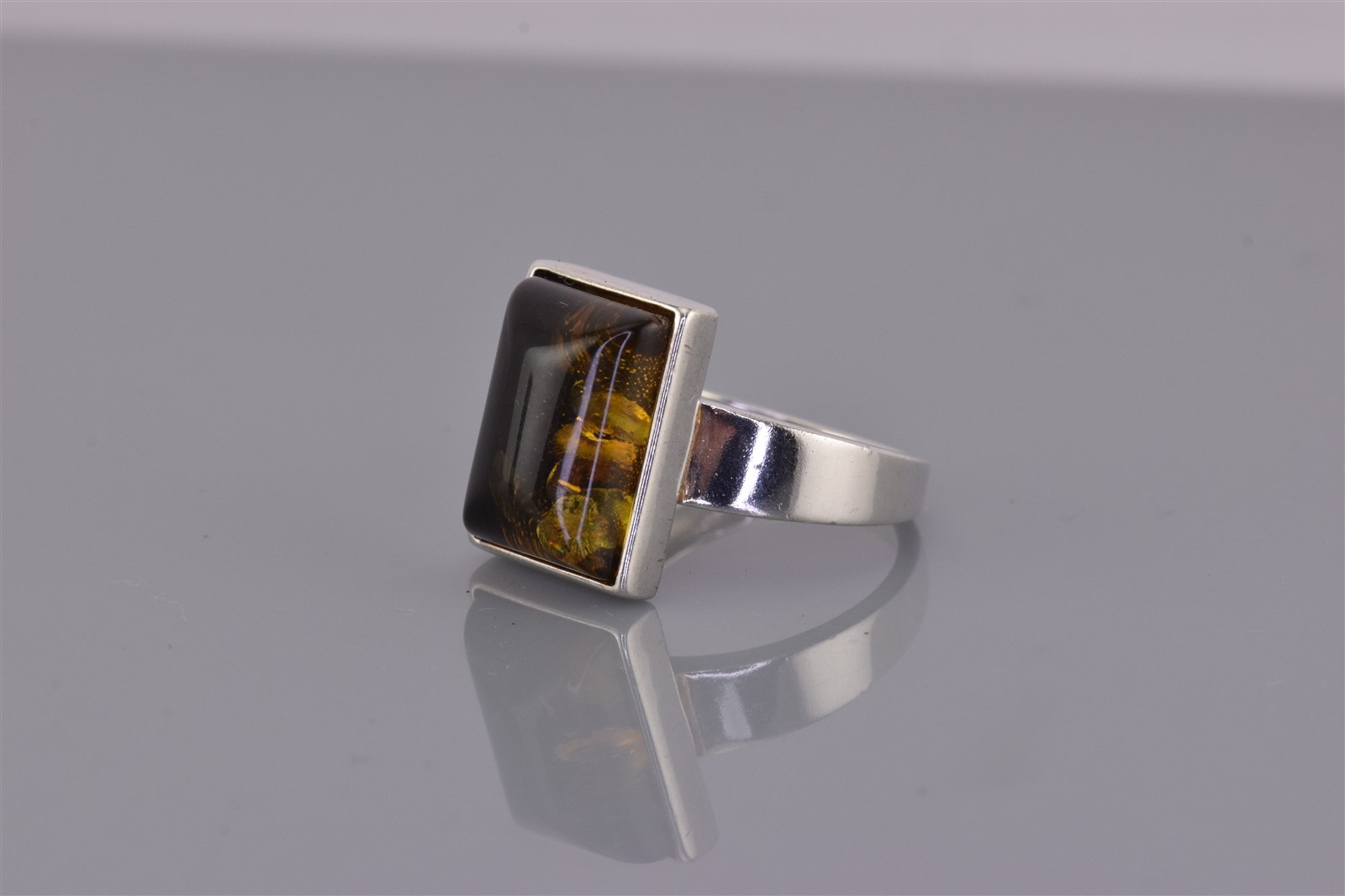 Sterling Silver 15mm Framed Rectangular Domed Amber Band Ring 925 Sz: 6