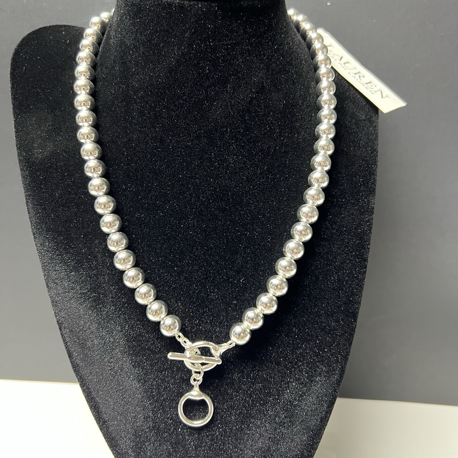 Lauren Ralph Lauren 16″ Silver-Tone Metal Bead (8 mm) Necklace IN A GIFT 🎁