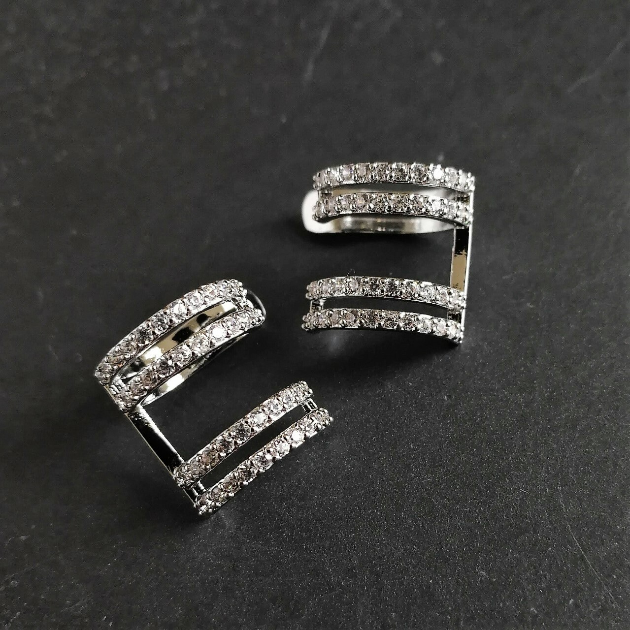 Shiny Silver Tone Tiny CZ Pave U Shape Ear Cuff Non Piercing Earrings PAIR Chic