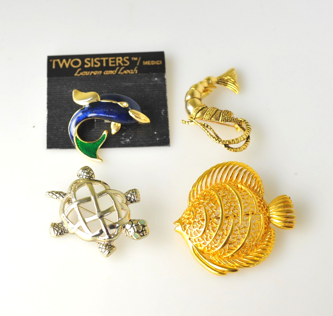 Modern Brooch Lot ocean beach fish dolphin shrimp turtle 1 signed napier 1 nwt