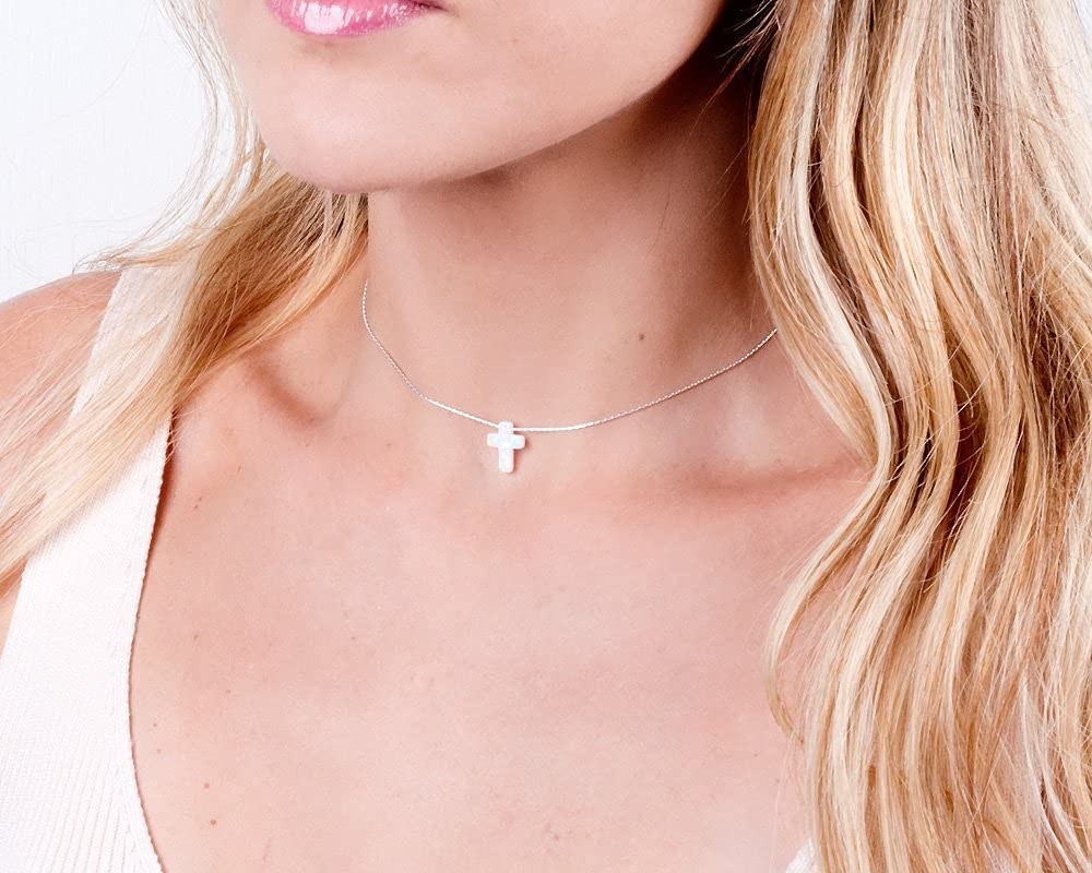 Opal Cross Choker Necklace – Thin Chain, Gold Filled or Silver, Blue or White…