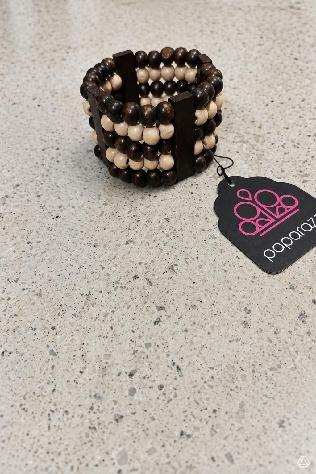 Paparazzi Brown Beige Wood Beaded Stretch Cuff Bracelet, No Stone