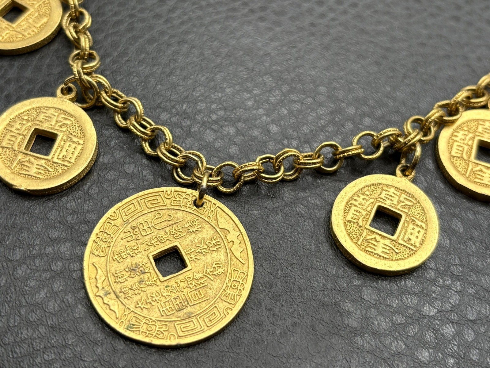 VTG Gold Tone Chinese Asian Style Coin Bib Charm Necklace Statement 23” Long