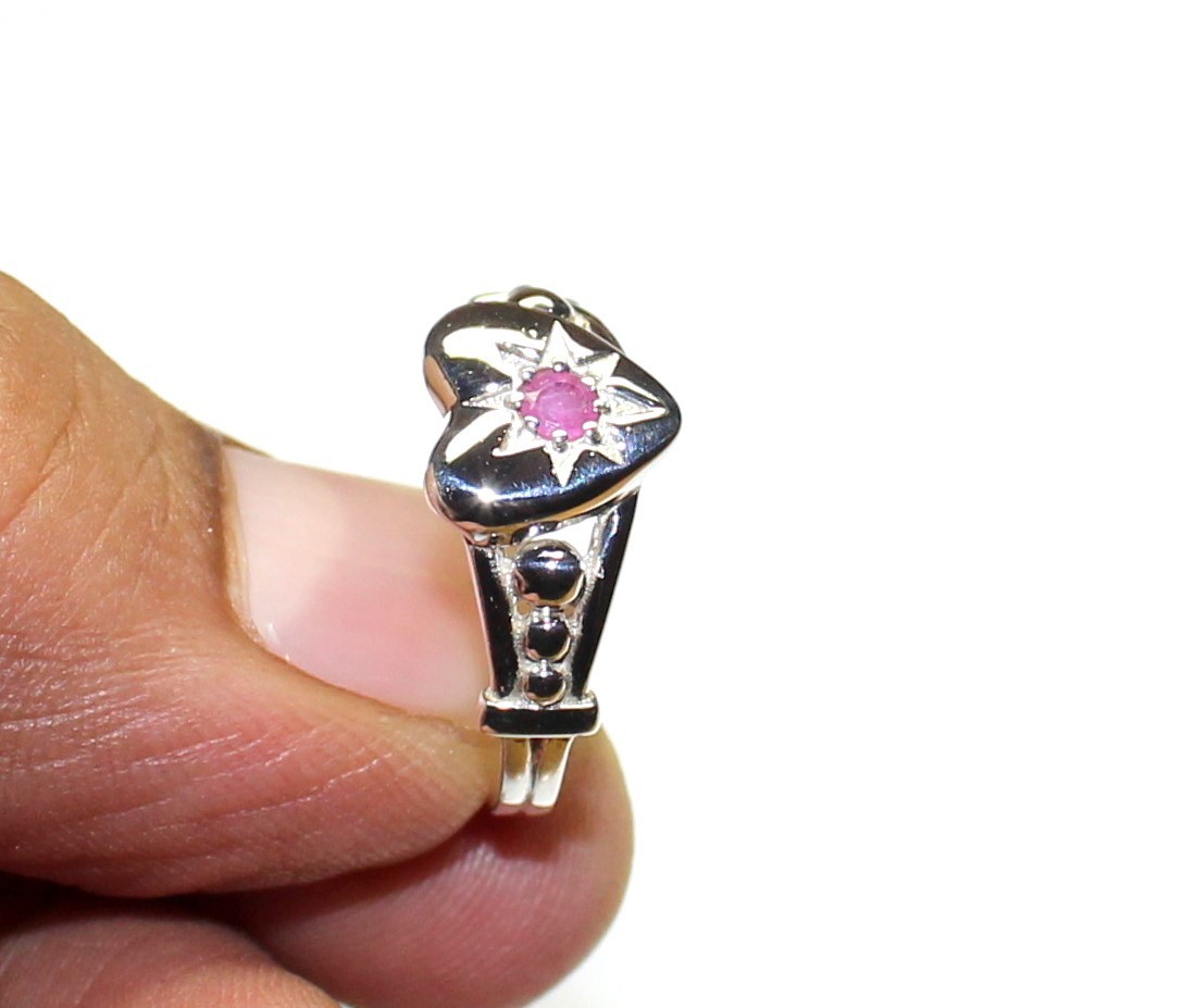 Natural Burmese Ruby Ring, Sterling Silver Unique Engagement Heart Jewelry