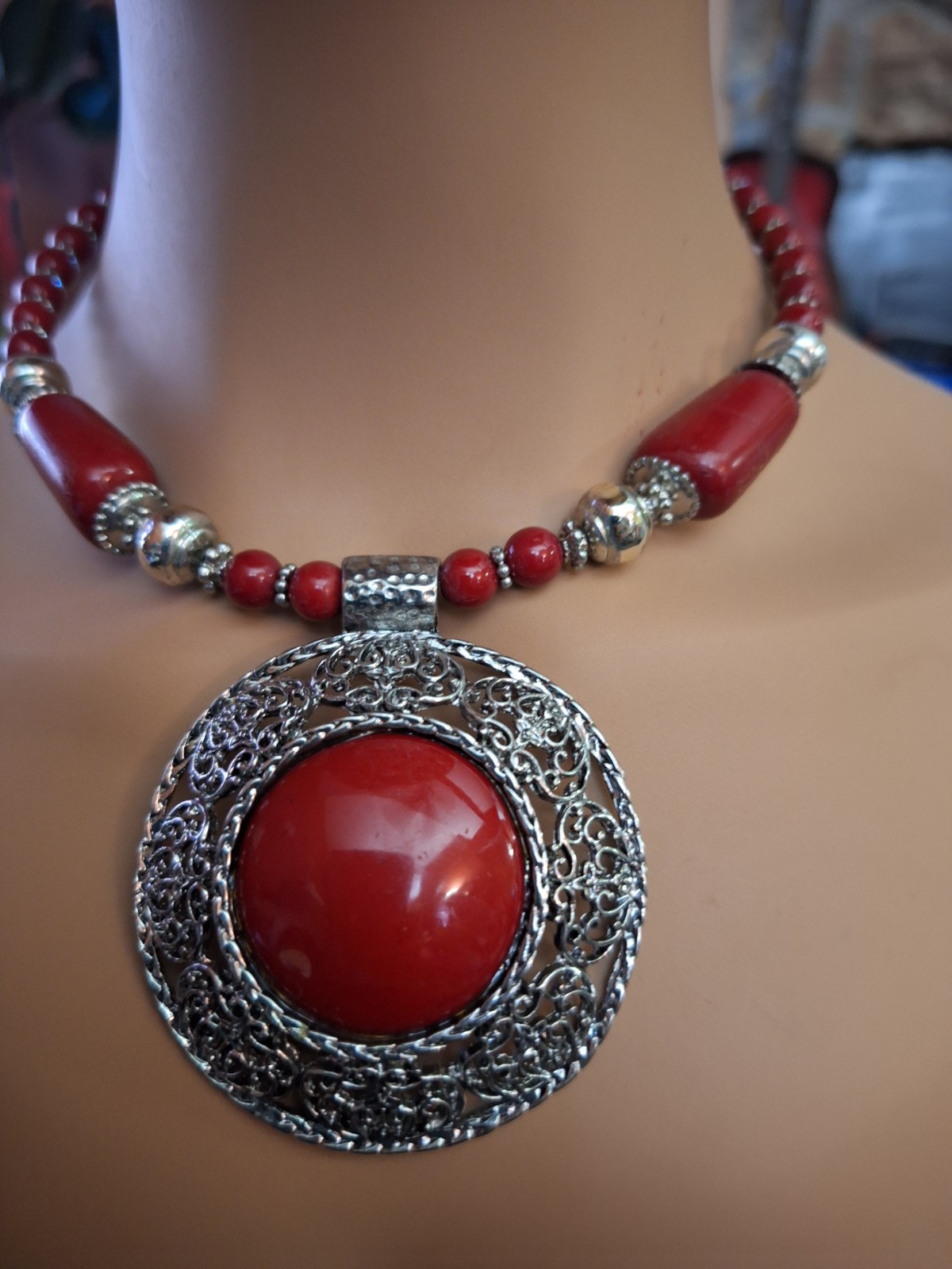 Red Round Pendant Acrylic Red Beads Casual Party Beach Statement Necklace