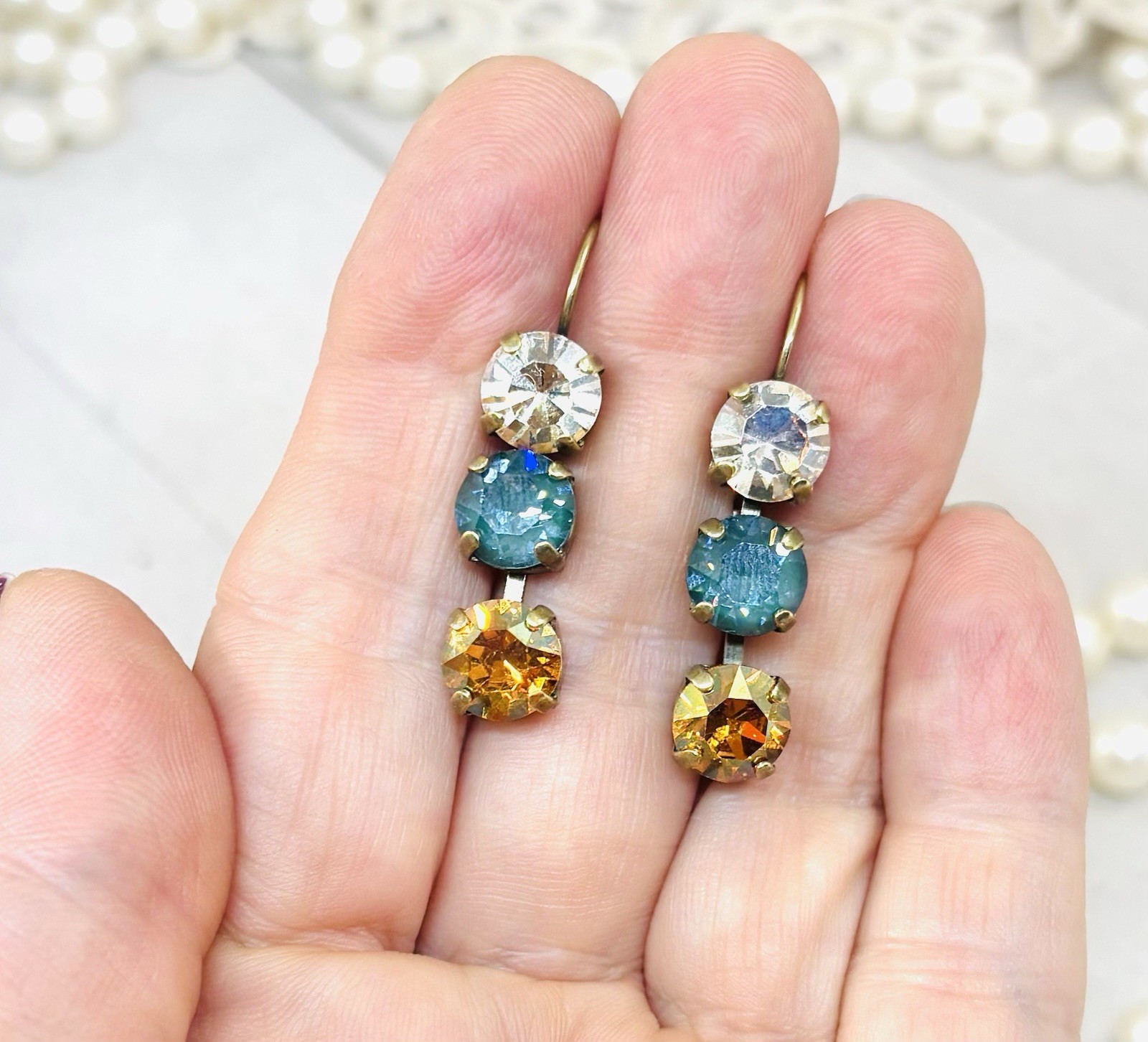 Fall Antique Brass Plated Pine Green Ignite Triple Stone Cup Chain Earrings