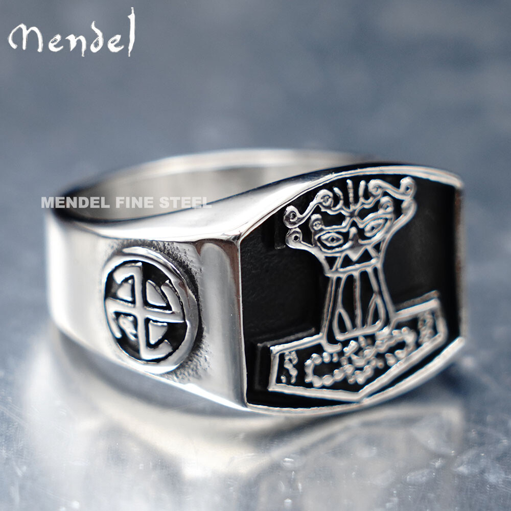 MENDEL Mens Norse Viking Sigil Thors Hammer Ring Solid Stainless Steel Size 7-15
