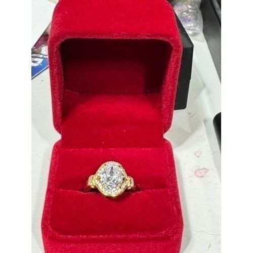 Gold Tone Oval Cubic Zirconia Halo Statement Ring Size 6 Vintage Style Sparkly