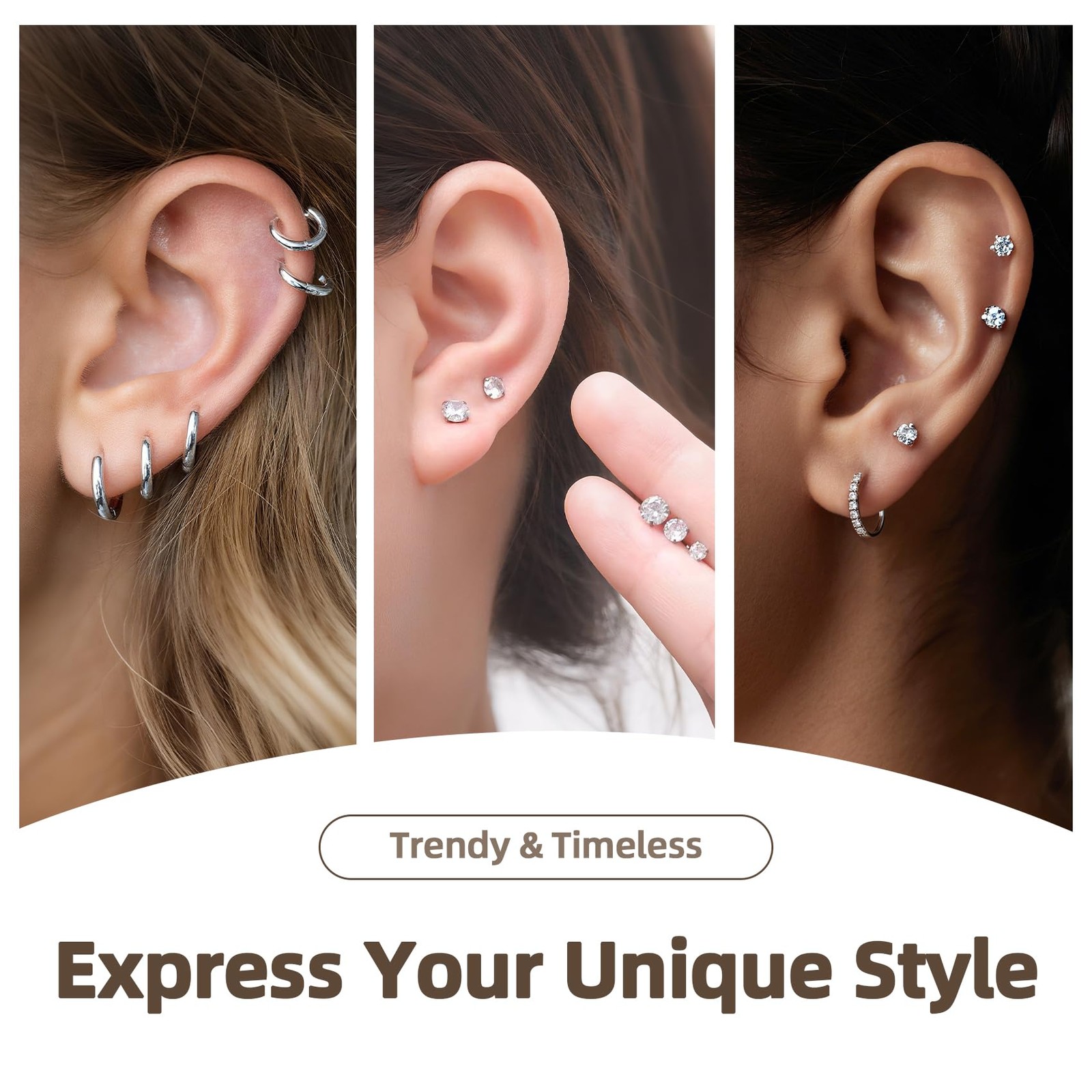 10 Pairs Stainless Steel Stud Earrings Colorful CZ 20G Stud