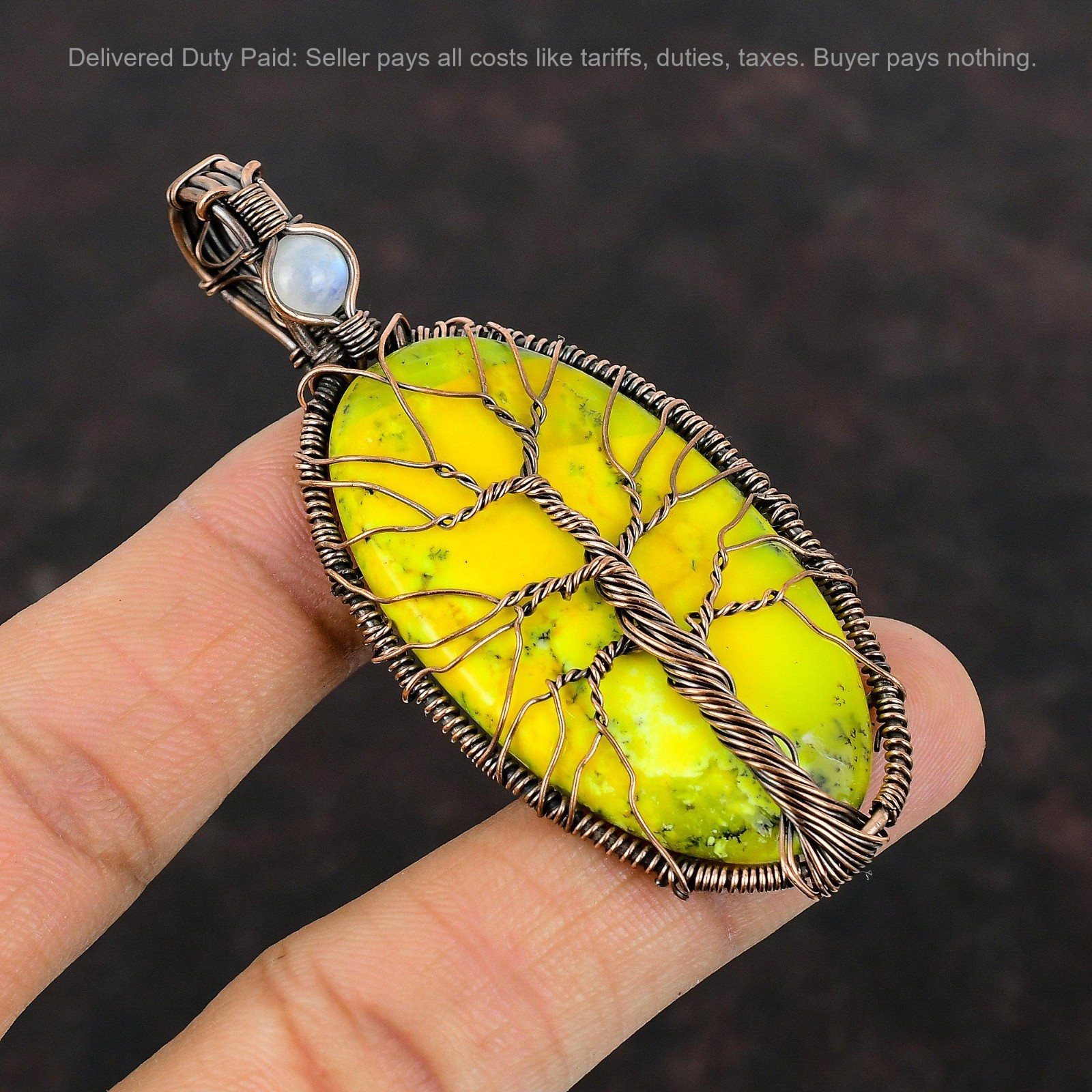 Natural Yellow Dendrite Opal Rainbow Moonstone Daughter Pendant Jewelry Copper