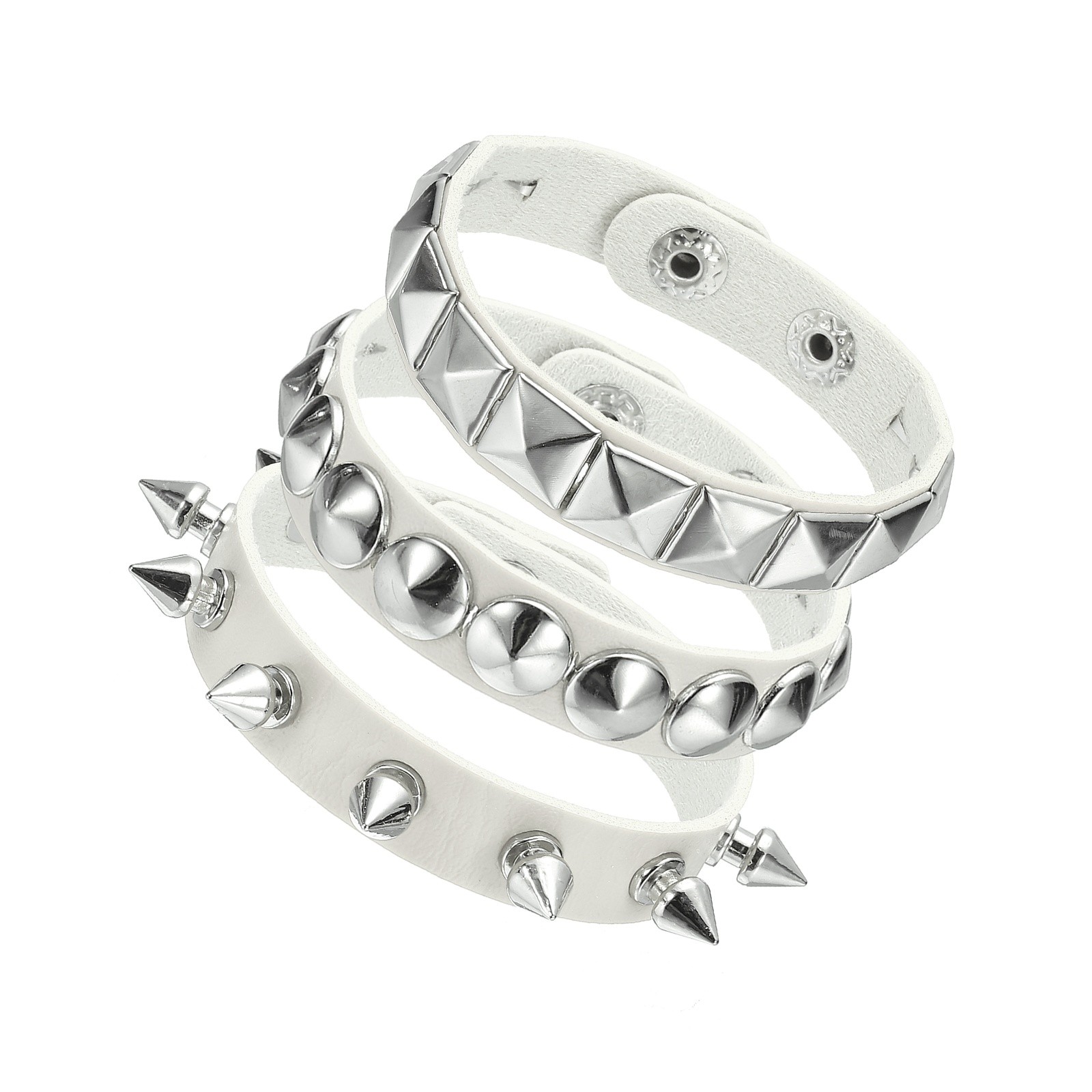 3Pcs Punk Studded Bracelet Set 8.7″/22cm Adjustable Bracelets White