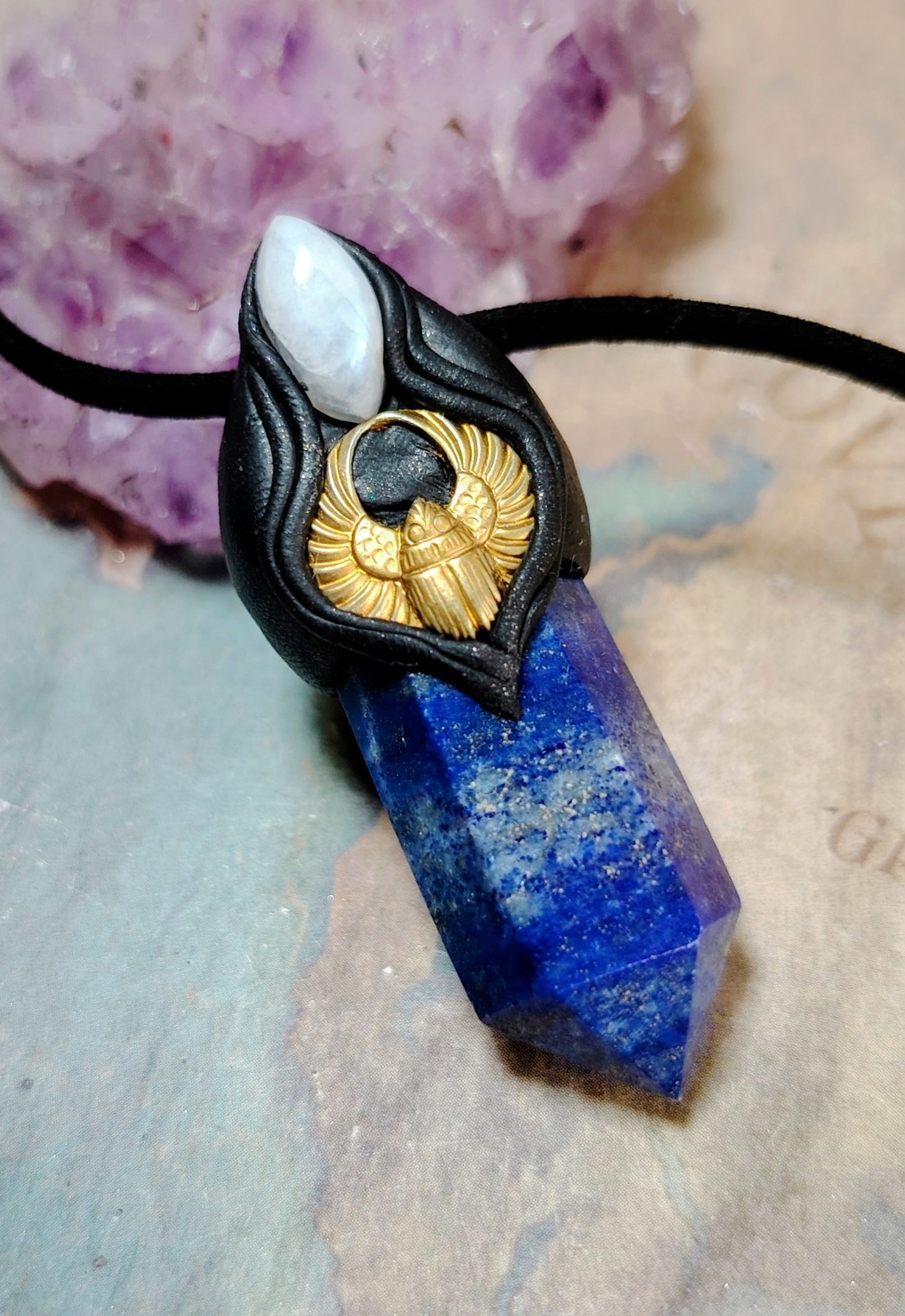 Egyptian Jewelry Amulet Necklace Moonstone Lapis lazuli Pendant w Gold Scarab