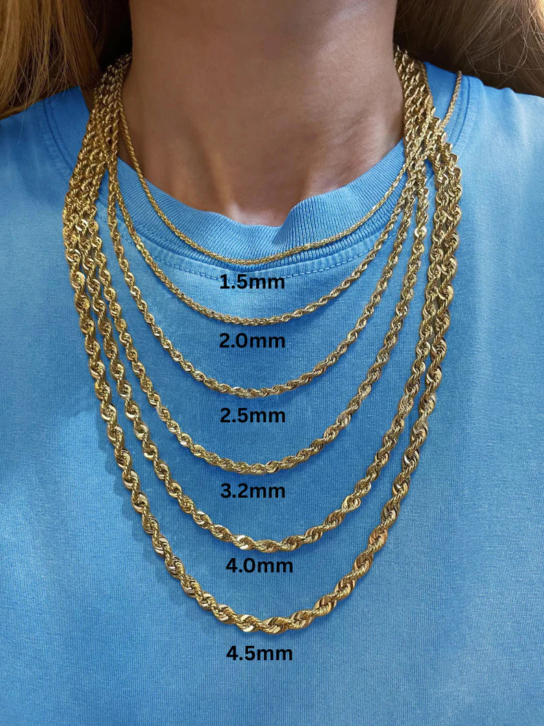 14K Yellow Gold Rope Chain Necklace, 1.5mm – 4.5mm Wide