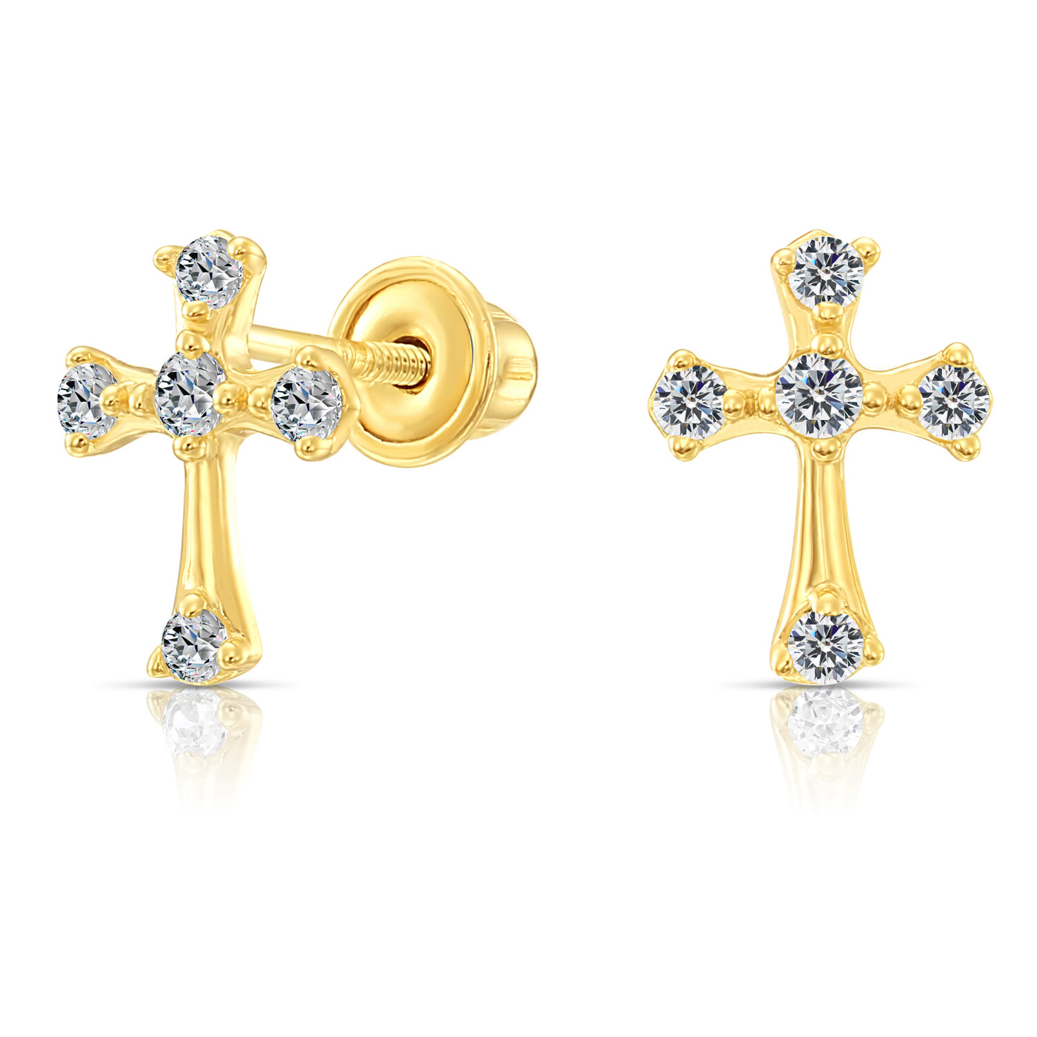 10K Real Solid Yellow Gold Baby Cross CZ Sleeper Studs Earrings Screw-back