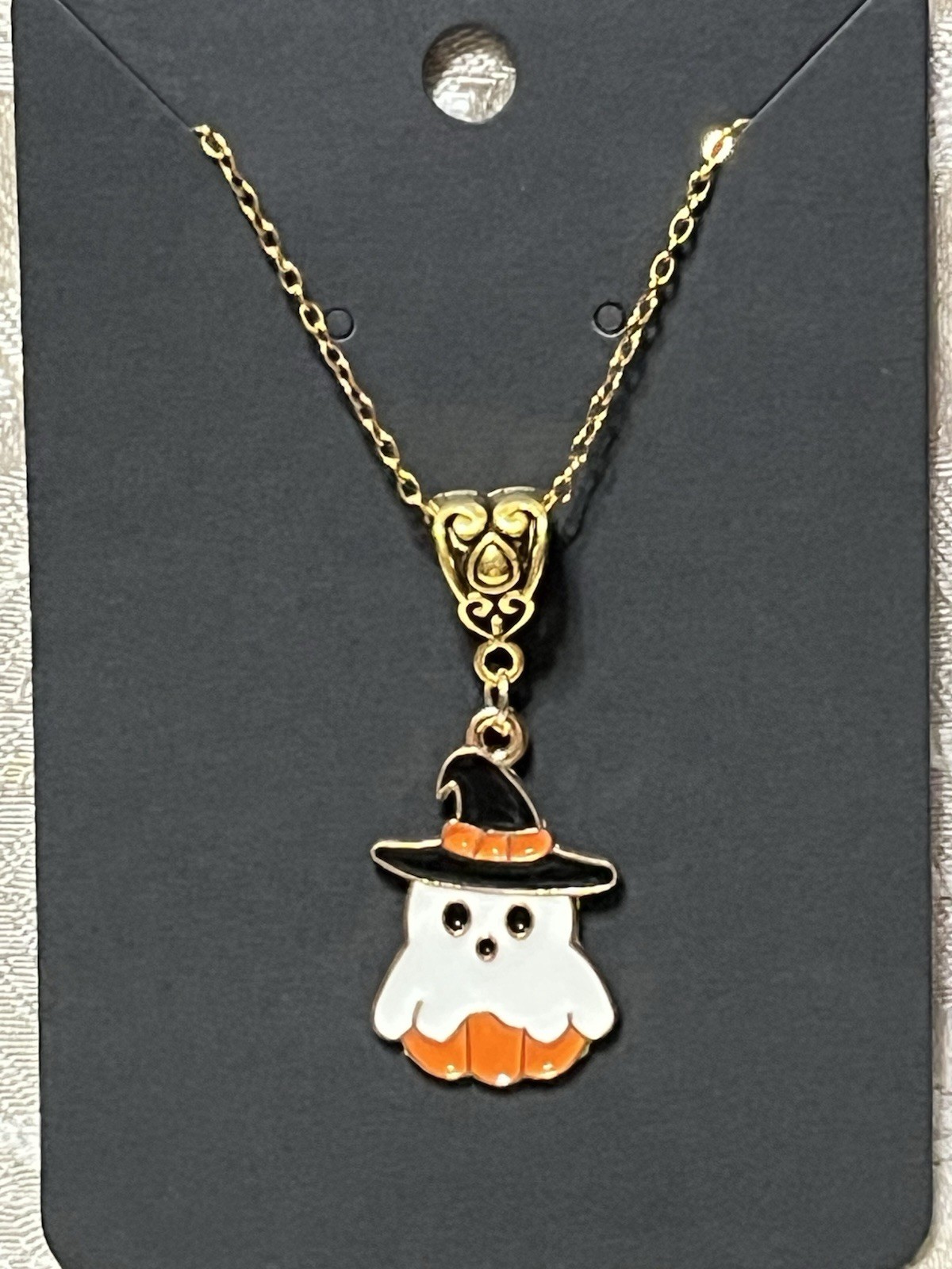 Retro Ghost Witch Halloween Charm Bohemian Novelty Fun Gold Boho Necklace 18”