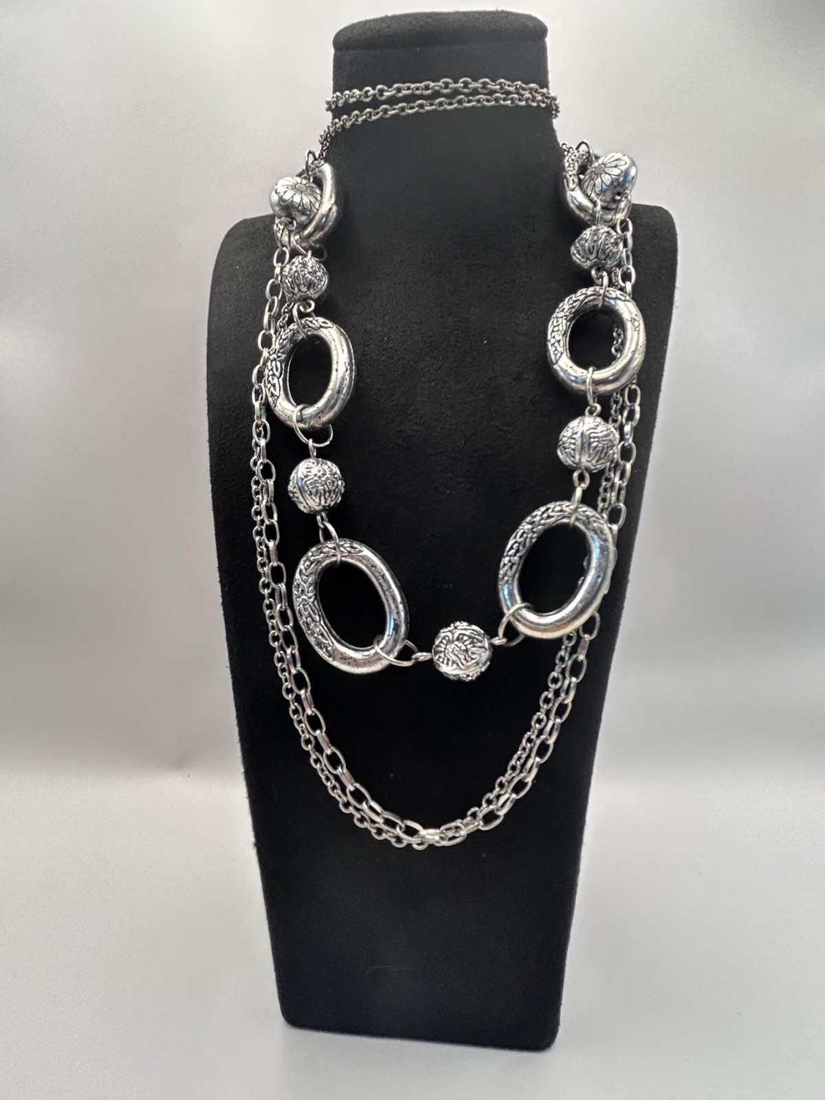 Necklace Silver Tone Layered Chain Statement Oval Link Floral Beads 30 Inch