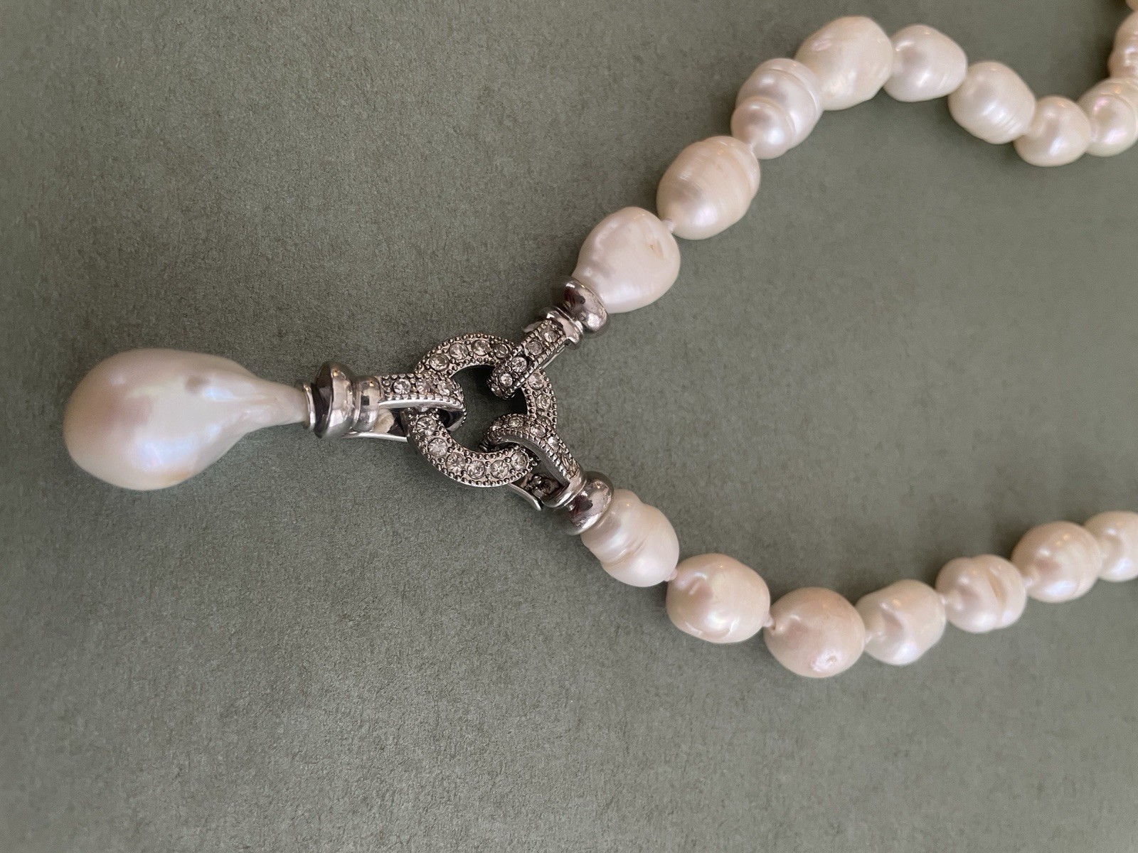 Baroque White Natural Pearl Lariat Necklace Removable Clasp Teardrop Pendant