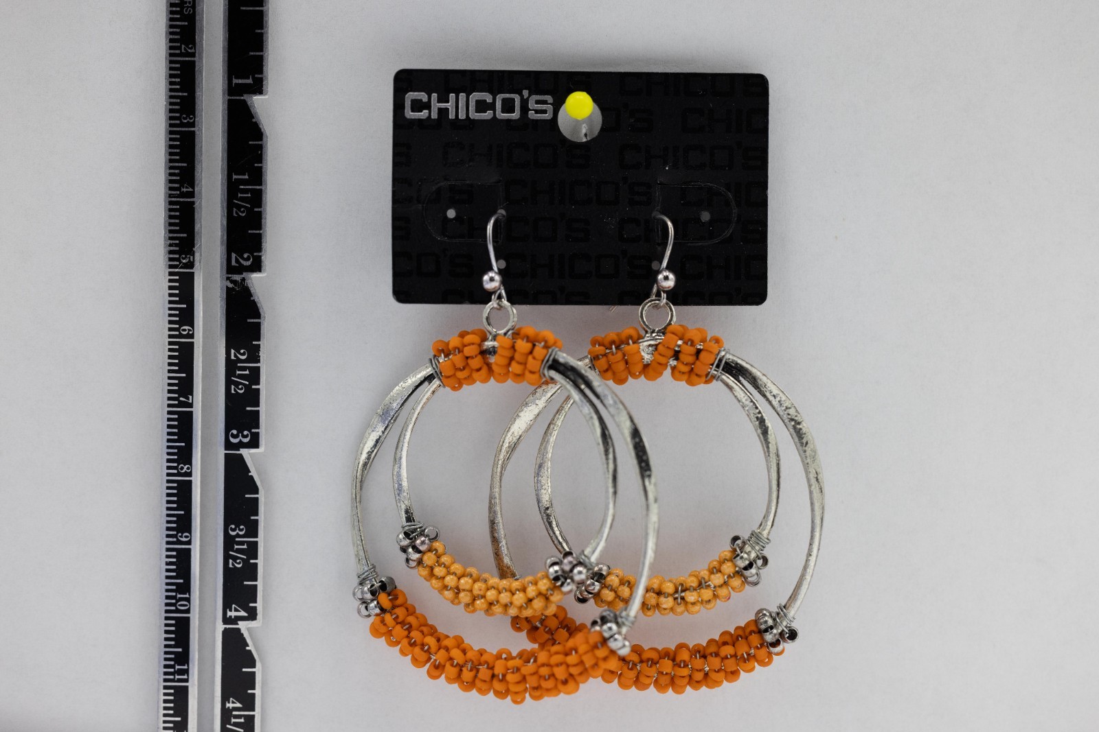 Chico’s Orange Bead Double Circle Drop Earrings Silver-tone New