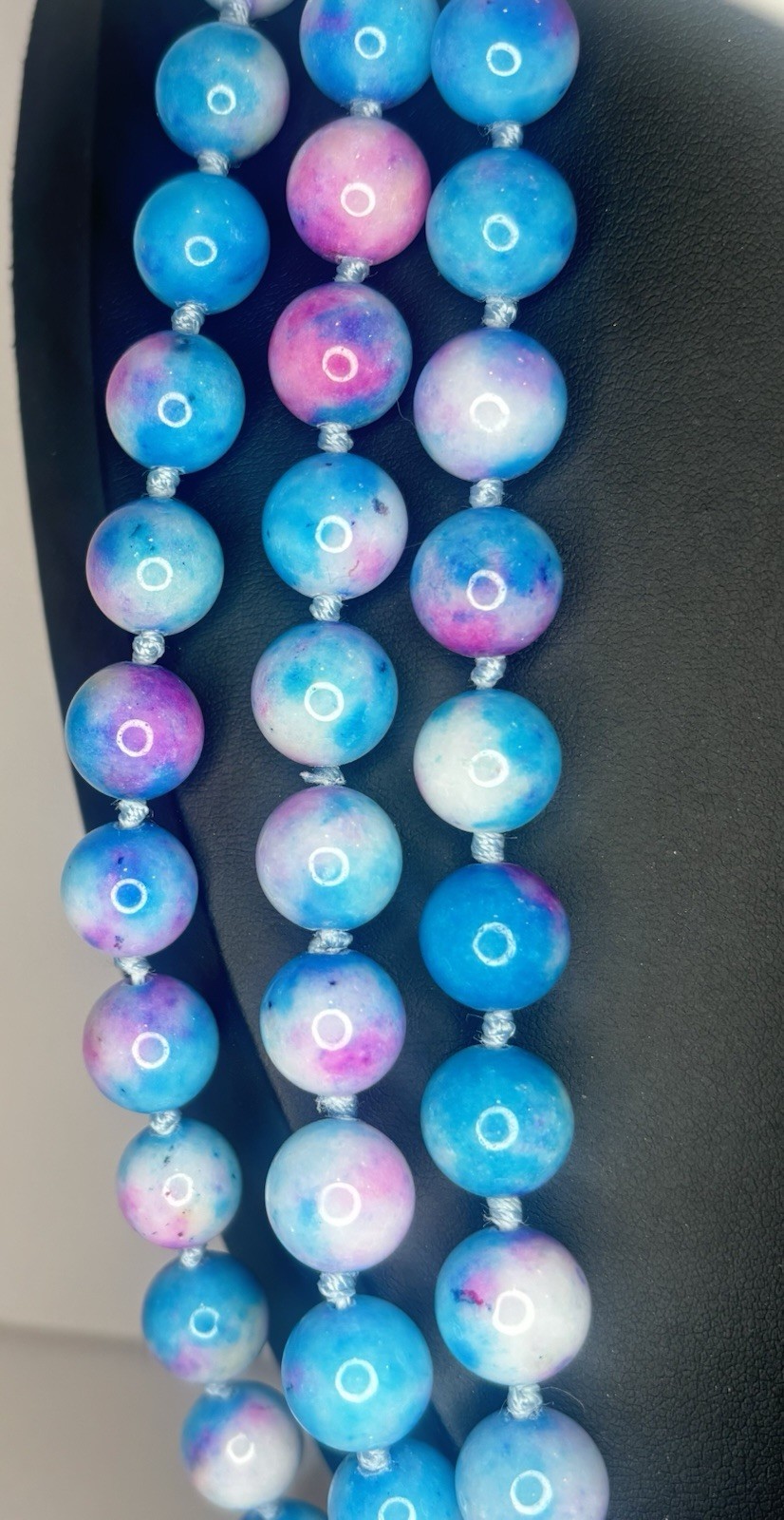 Flapper Necklace 72” Dyed Quartz 10mm Endless Opera Bead Blue Purple Knotted