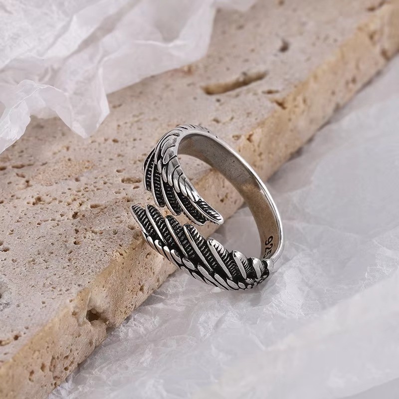 925 Sterling Silver Angel Wing Feather Ring Adjustable Women Wedding Jewelry