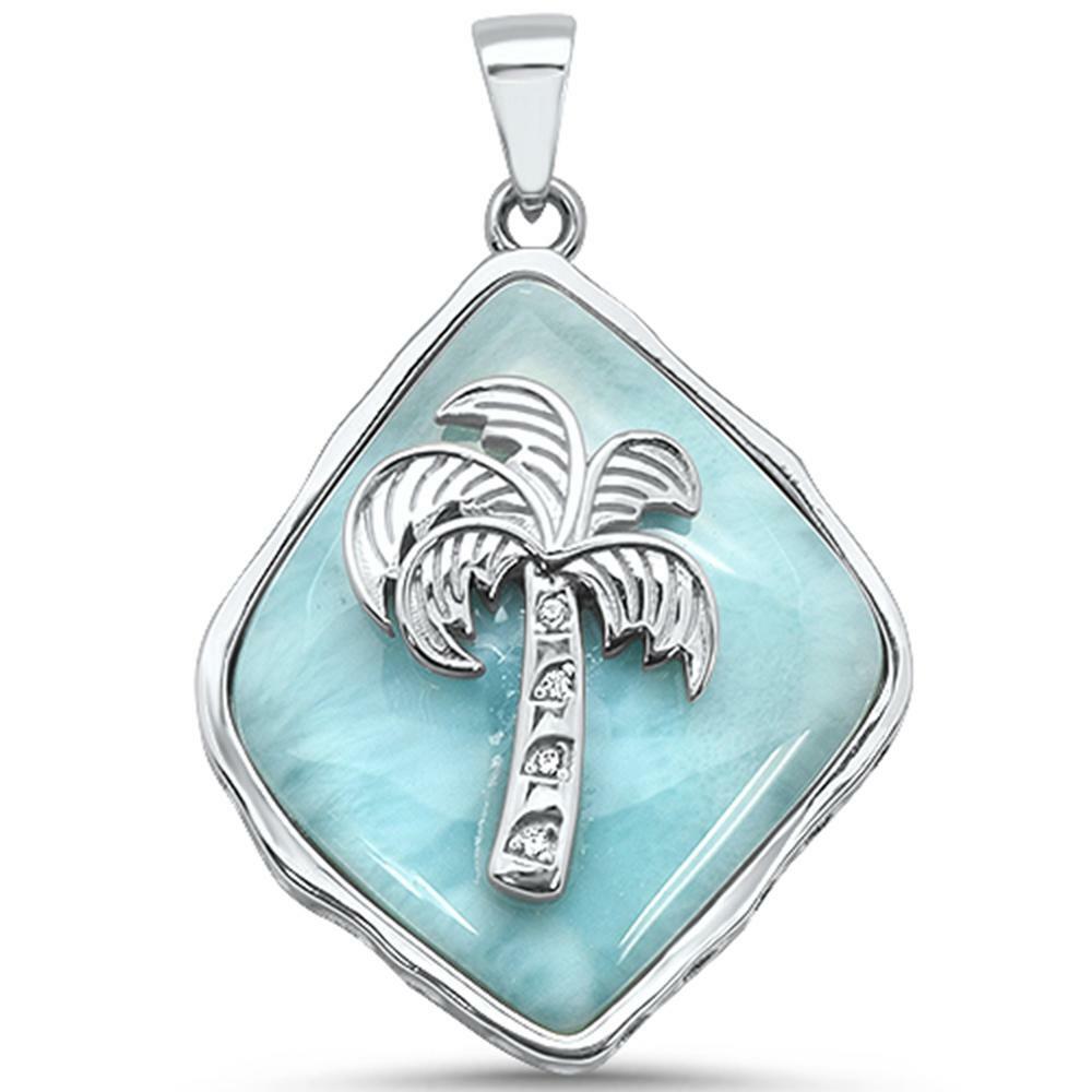 Natural Larimar Palm Tree .925 Sterling Silver Charm Pendant