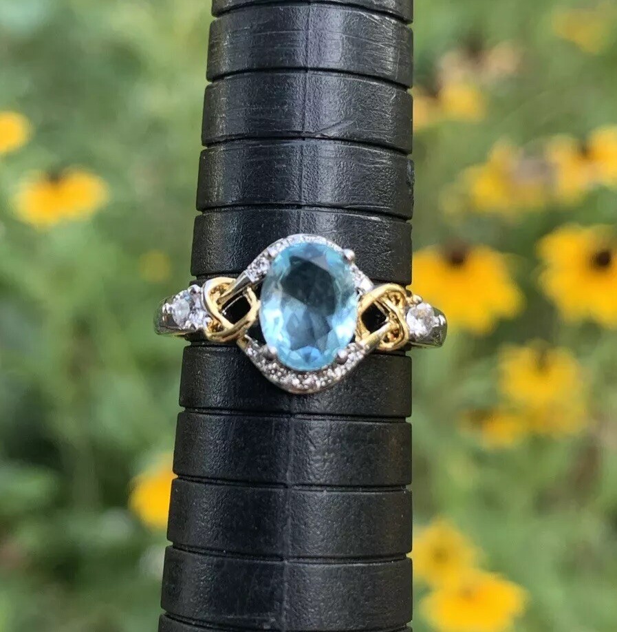 CZ & Simulated Aquamarine Wedding, Engagement Anniversary Ring Size 7.5 NEW