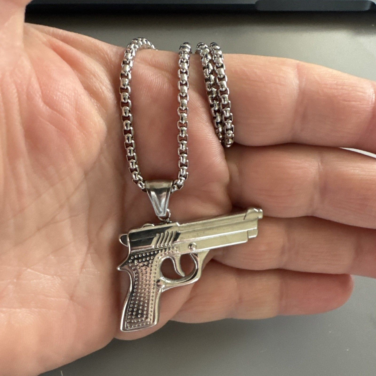 Stainless Steel Pendant Gun Glock Hip Hop Street Wear 24” Box Chain Gift Men’s